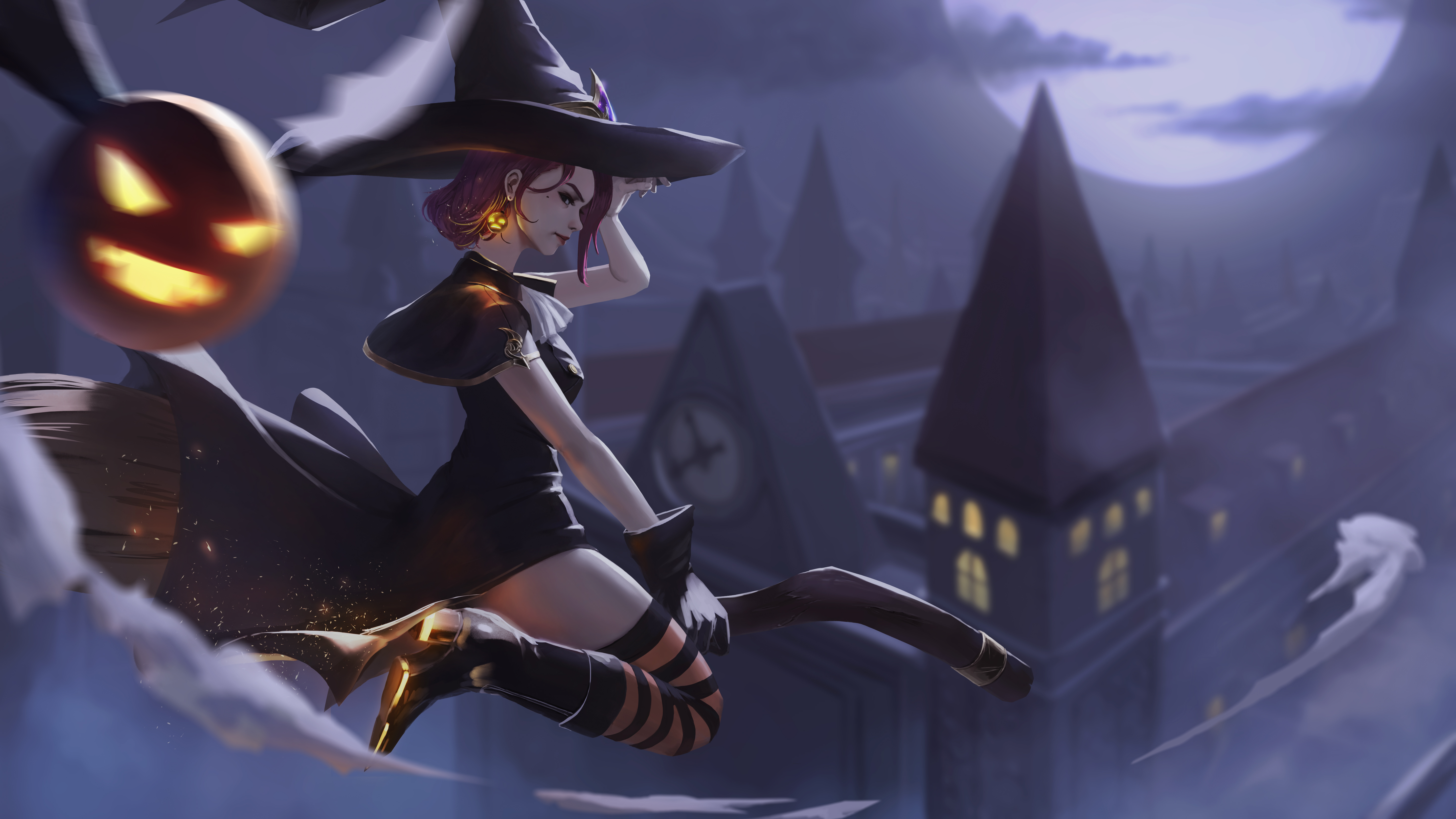 Women Fantasy Girl Witch Witch Hat Women With Hats Fantasy Art Profile Dress Black Dress Thigh Highs 5760x3240