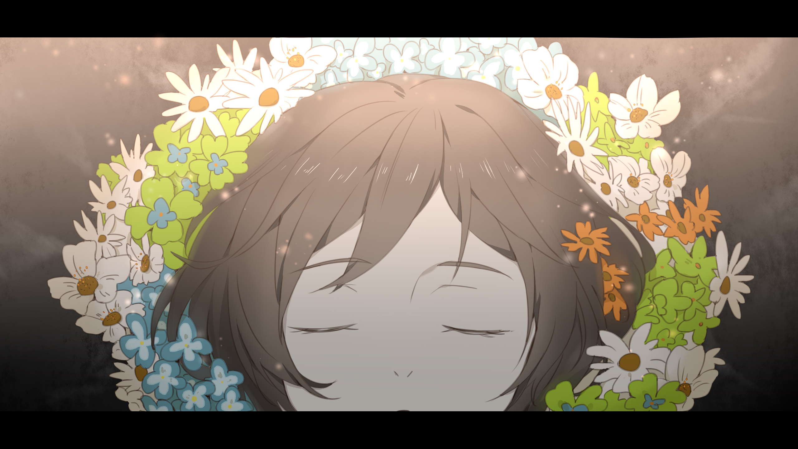 Devilman Crybaby Anime Girls Miki Makimura Short Hair Flower Crown Brunette Closed Eyes 2D Fan Art 2560x1440