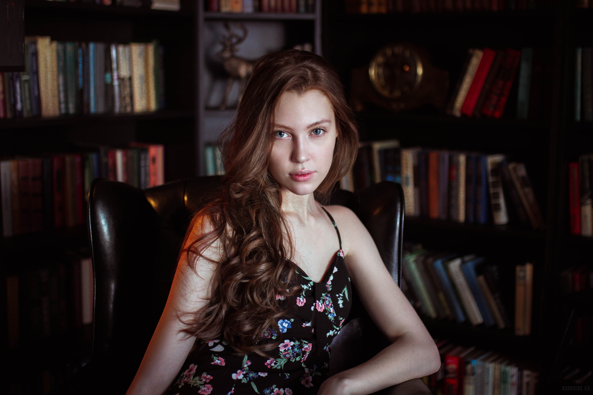 Women Brunette Long Hair Blue Eyes Face Portrait Books Dress Bokeh Tatyana Ledneva Olga Kanaykina 2048x1365