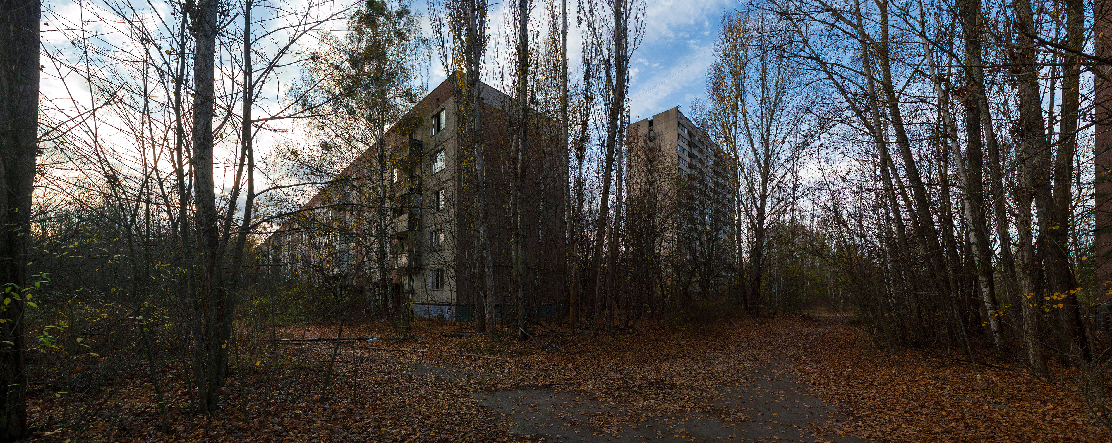 Pripyat Chernobyl Landscape Block Of Flats Fallen Leaves Trees Ukraine 3800x1516
