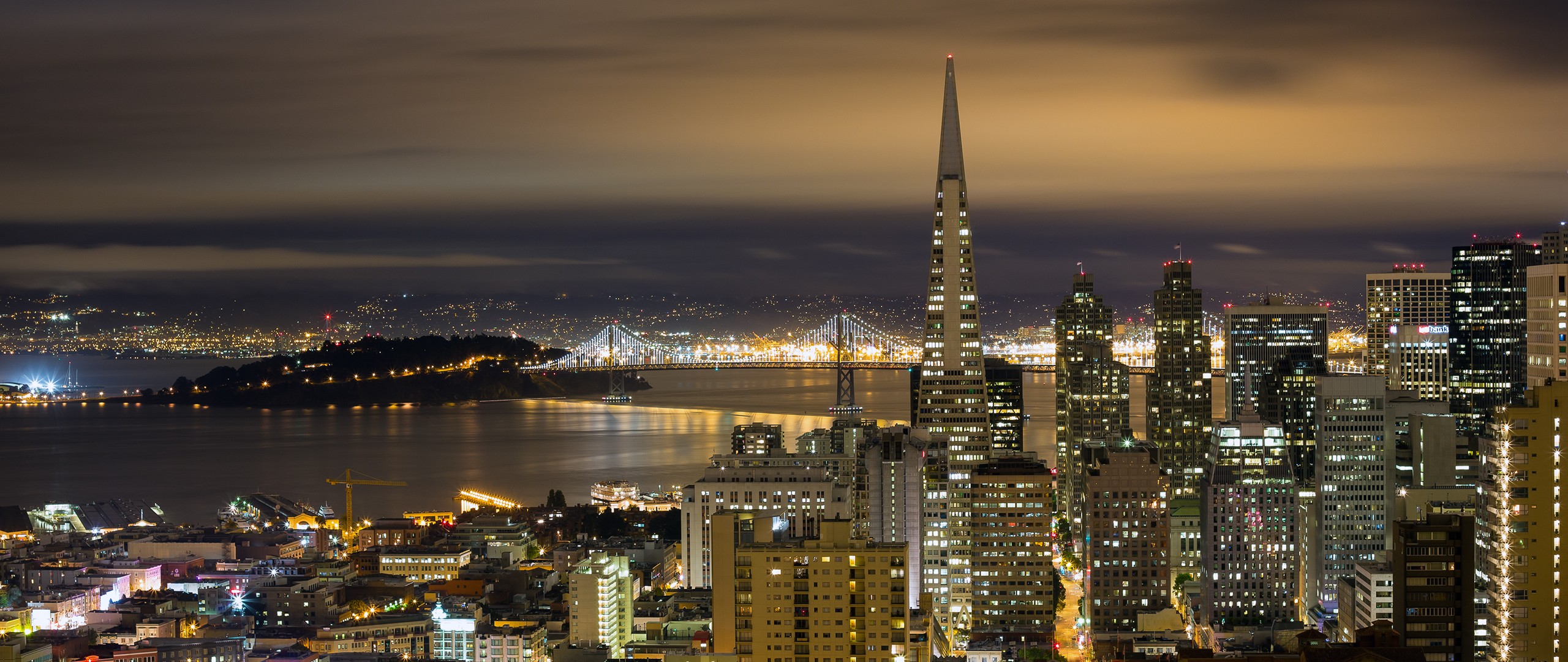 San Francisco City Night San Francisco Oakland Bay Bridge Cityscape City Lights 2560x1080