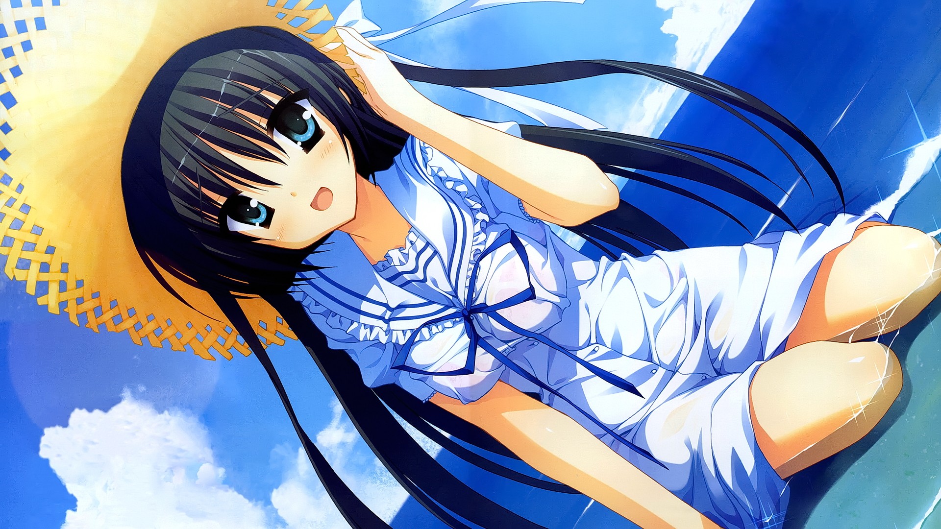 Anime Anime Girls Brunette Long Hair Sky Clouds Water Blue Eyes Smiling Open Mouth Hat Looking At Vi 1920x1080