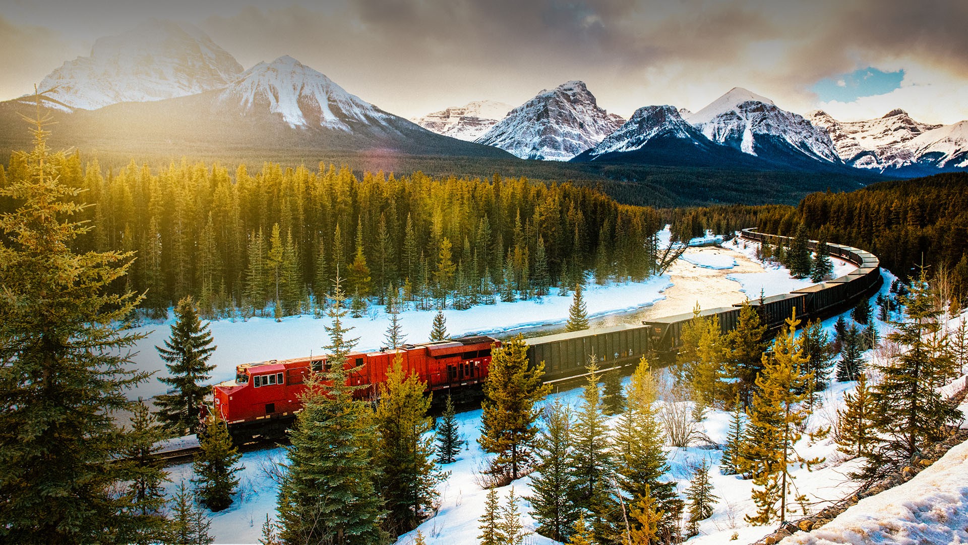 Nature Landscape Trees Forest Railway Clouds Sky Mountains Snow Diesel Locomotive Snowy Mountain Can 1920x1080