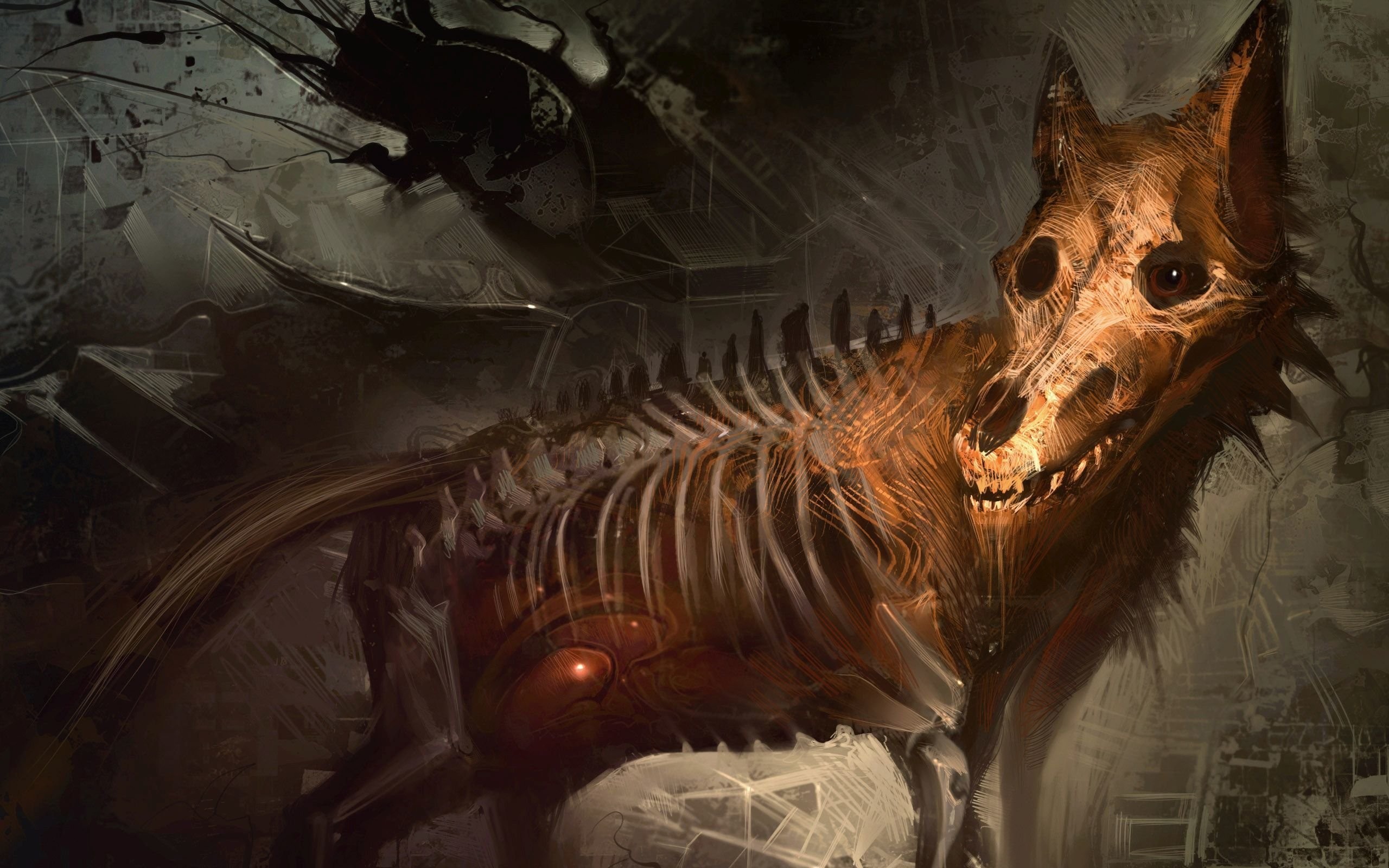 Digital Art Skeleton Bones Ribs Skull Animals Creature Wolf Creepy Abstract 2560x1600