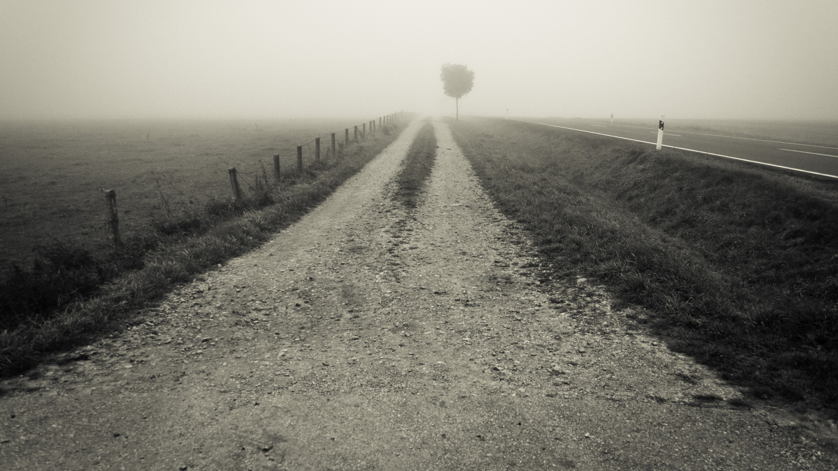 Road Landscape Mist Monochrome Gravel Fence Field 2891x1626