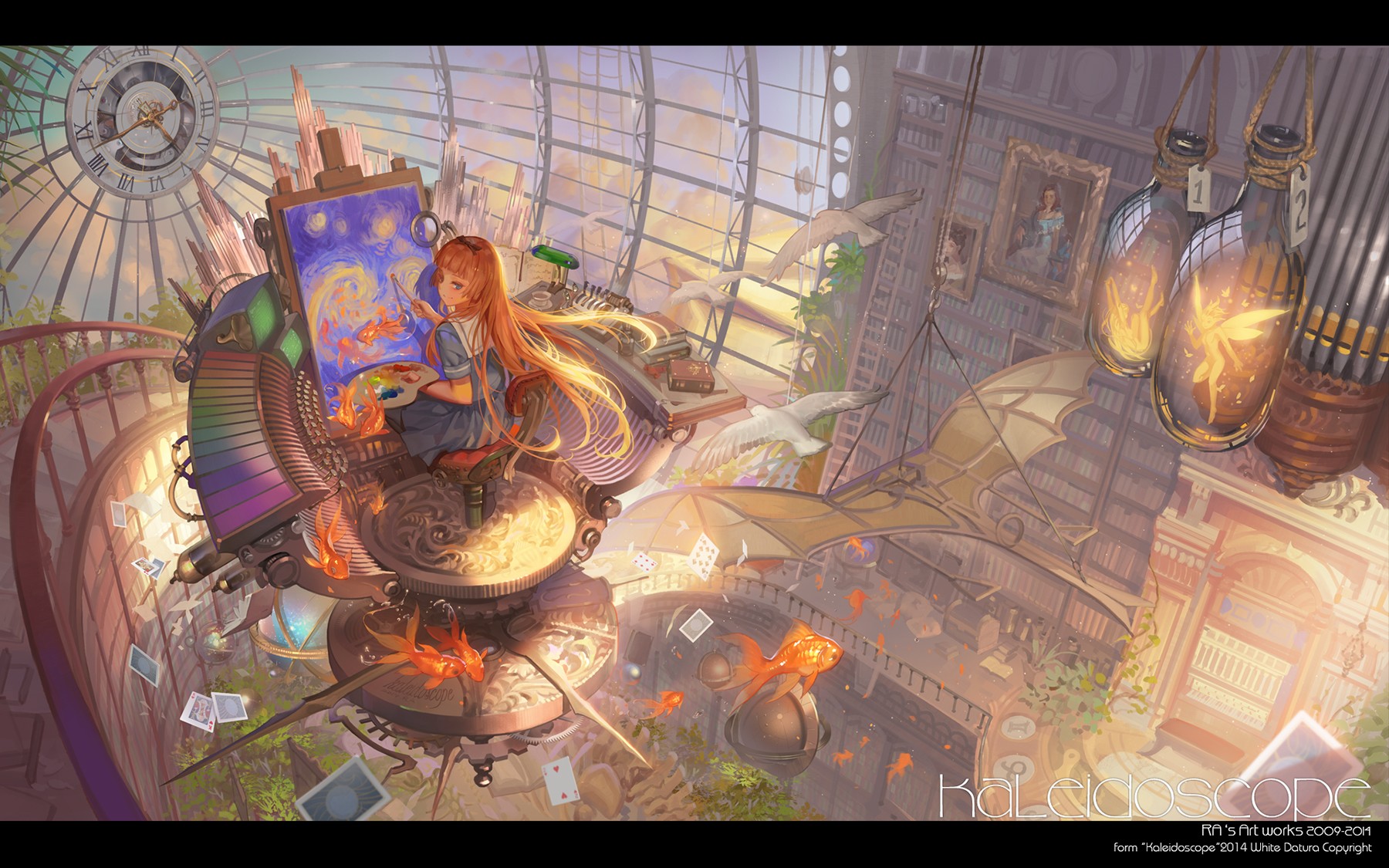 Kaleidoscope Anime Fantasy Art Interior Painting Painting Library Clocks Fish Books Dove Cards Fairi 1800x1125