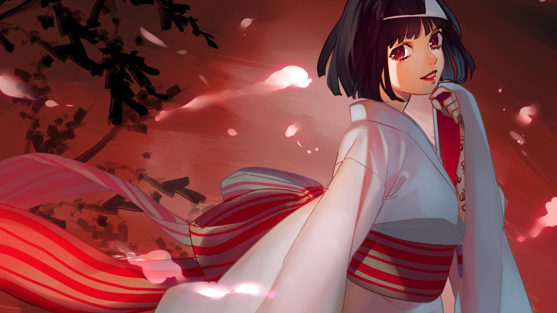 Noragami Nora Noragami Anime Girls Anime Red Lipstick Red Background Dark Hair 1920x1080