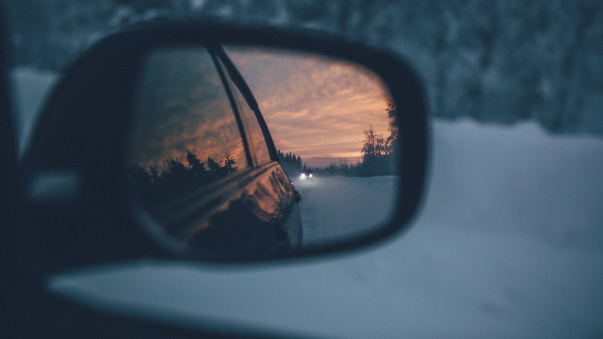 Photography Sunset Clouds Evening Trees Rearview Mirror Reflection Car Snow Winter Depth Of Field Pi 1920x1080