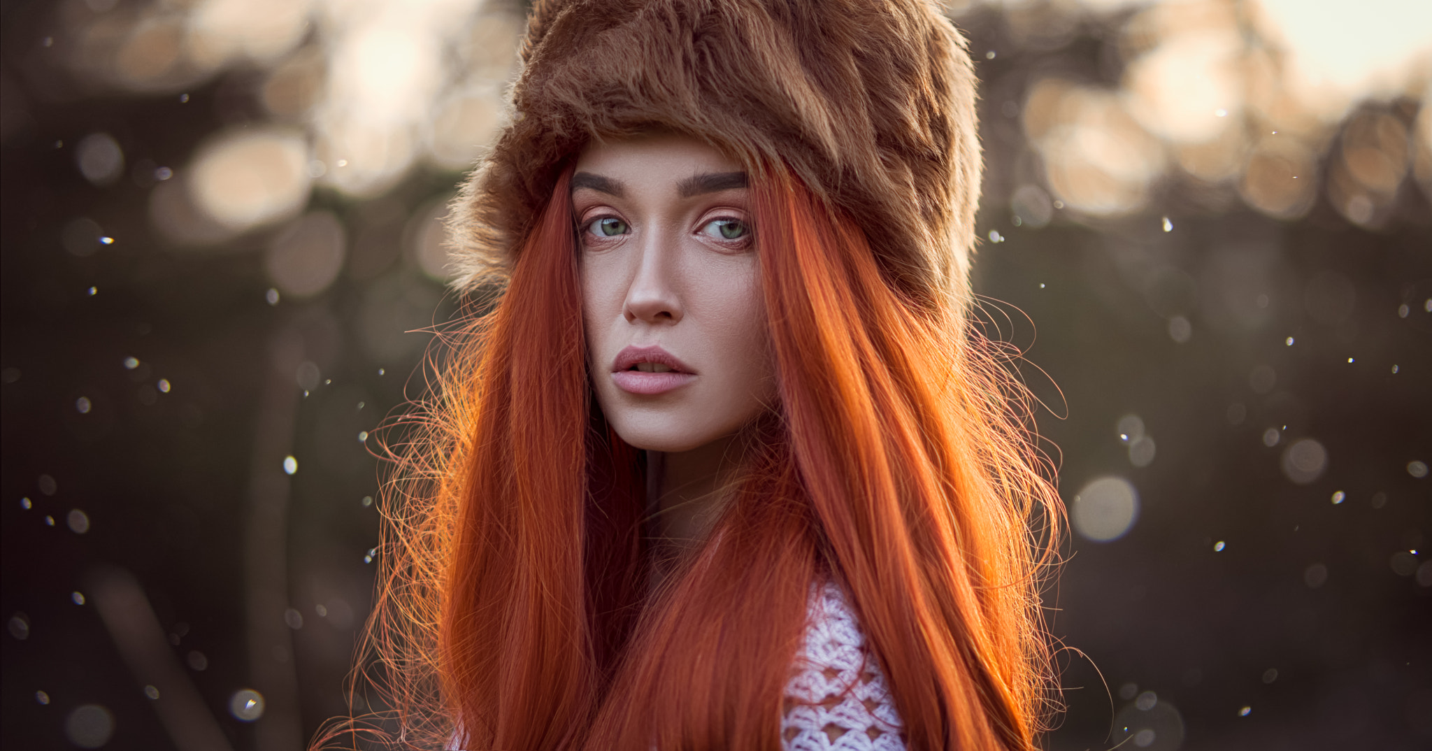 Women Redhead Hat Women Outdoors Sweater Face Portrait Bokeh Green Eyes Long Hair Katy Sendza Fur Ca 2048x1074