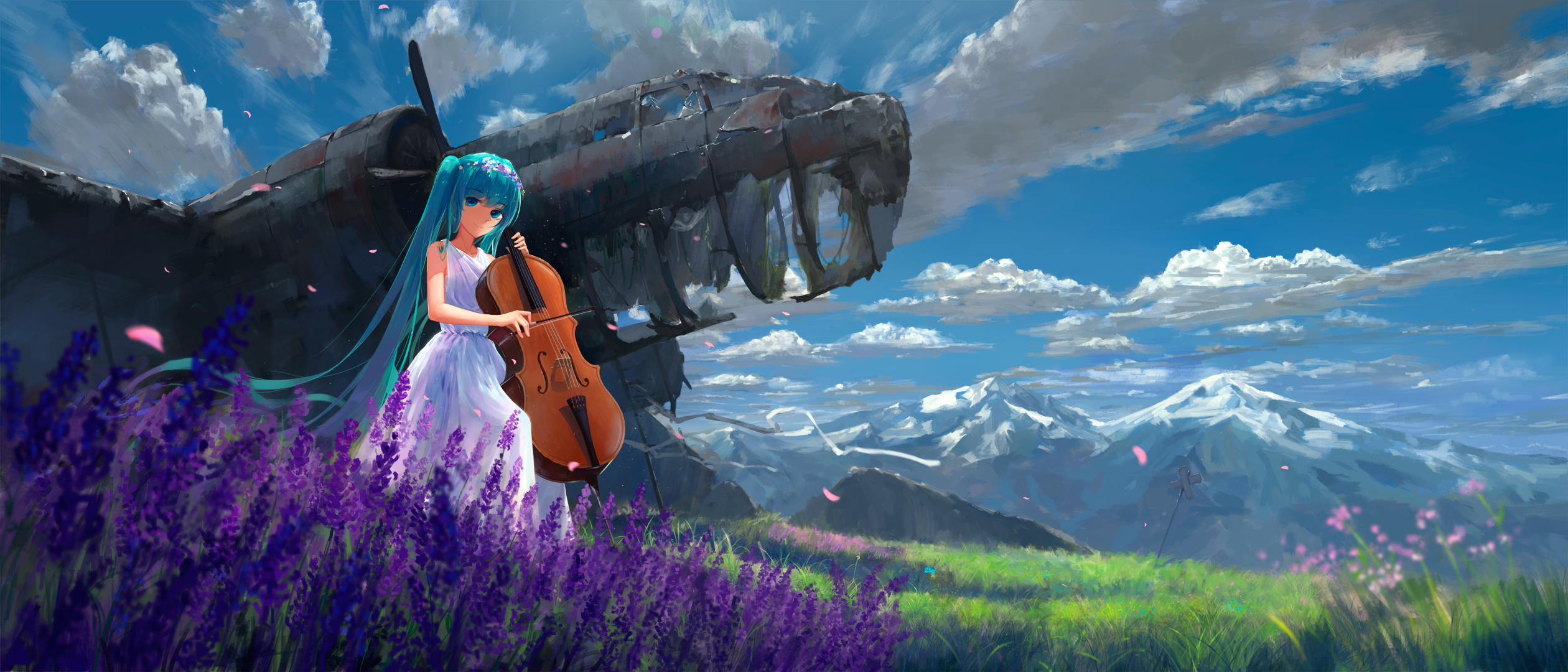 Hatsune Miku Vocaloid Anime Girl Violin Cloud Mountain Twinitails Long Hair White Dress Blue Hair Bl 2520x1080