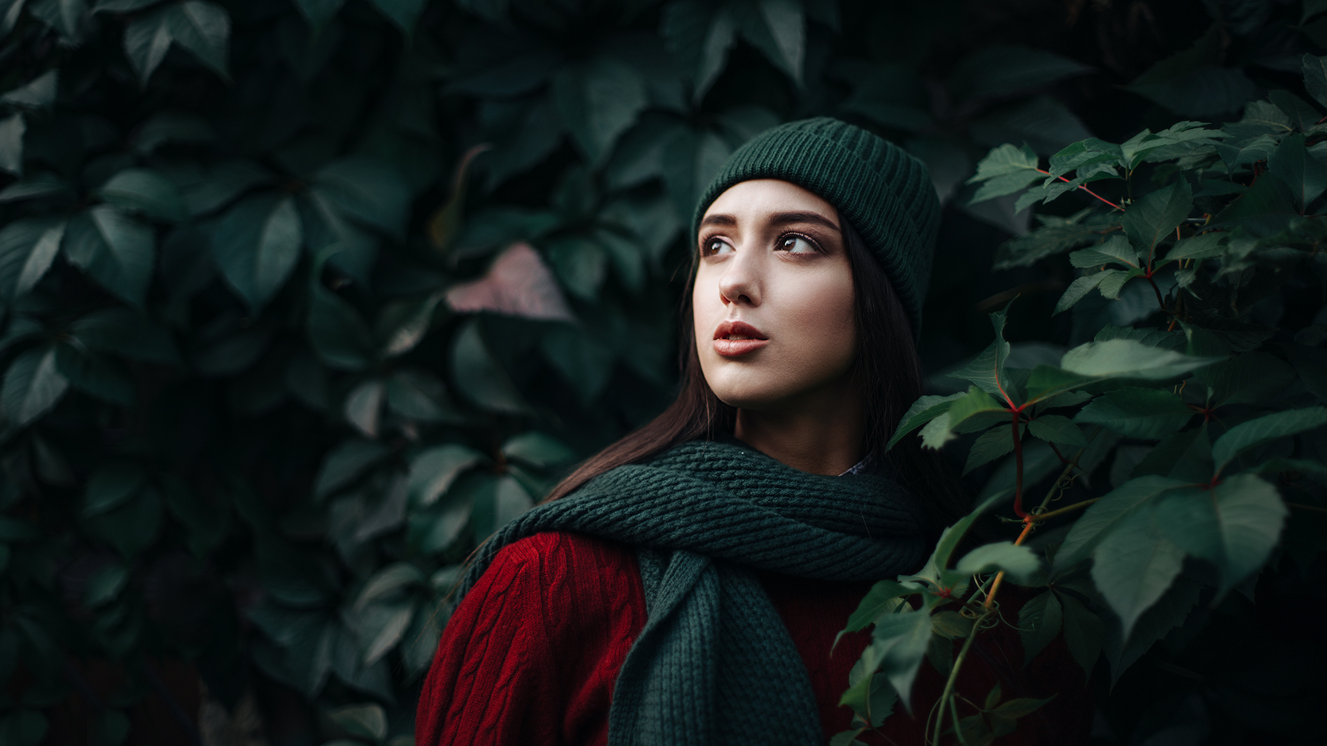 Maxim Gustarev Women Model Brunette Looking Away Portrait Outdoors Sweater Woolly Hat Scarf Red Swea 1920x1080