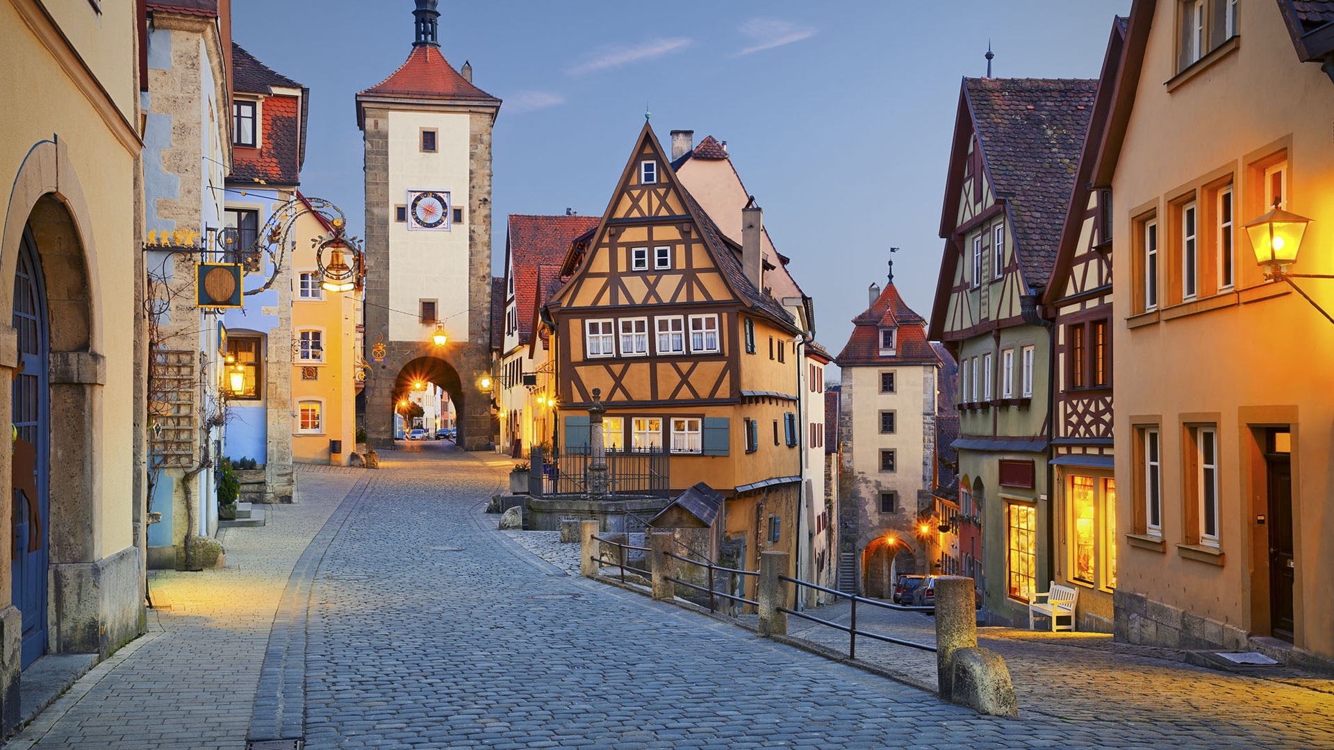Street House City Building Lights Sky Germany Urban Car Vehicle Fence Bench Rothenburg Evening Clear 1920x1080