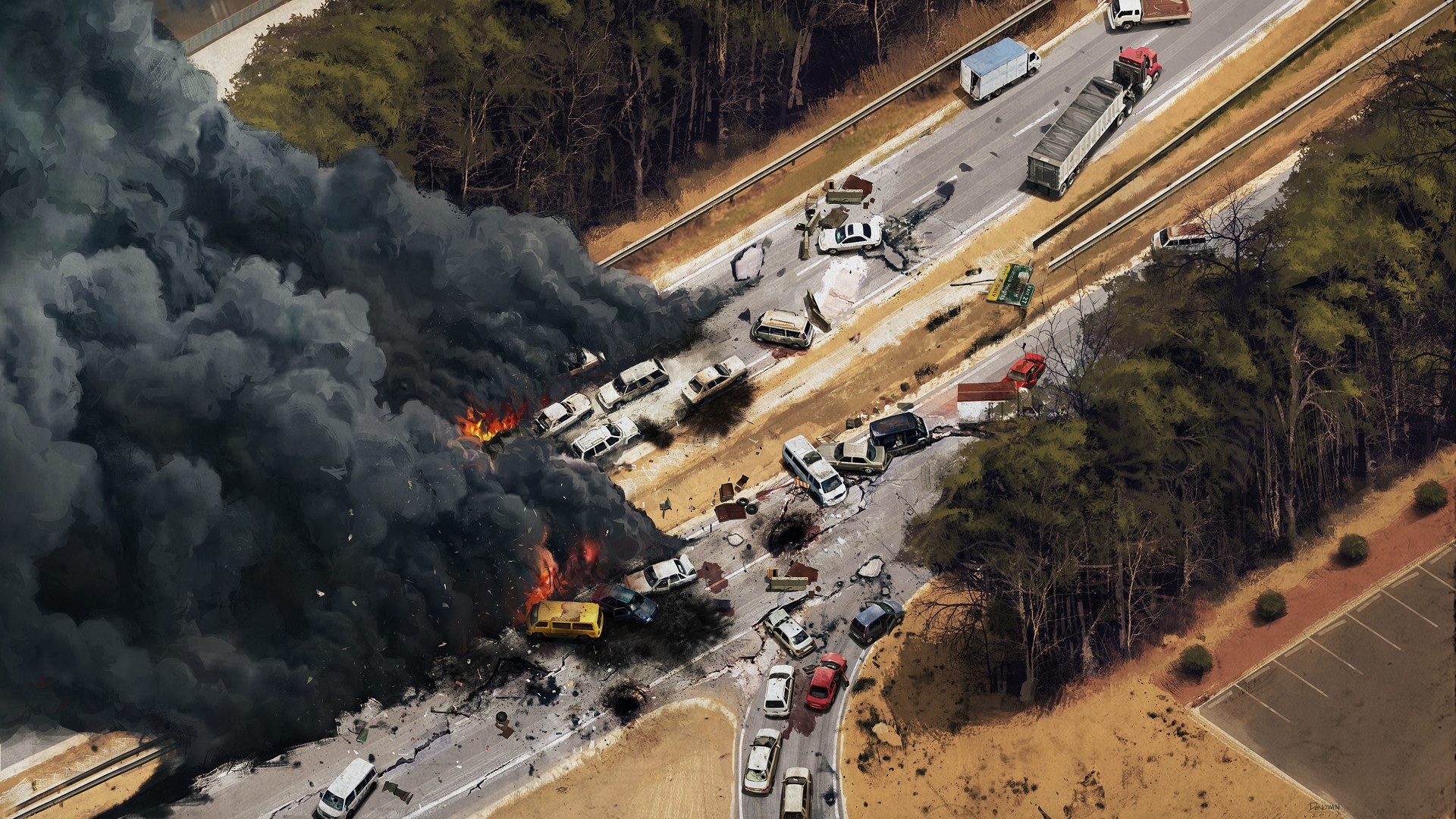 Aerial View Fire Smoke Road Accidents Artwork Dark 1920x1080
