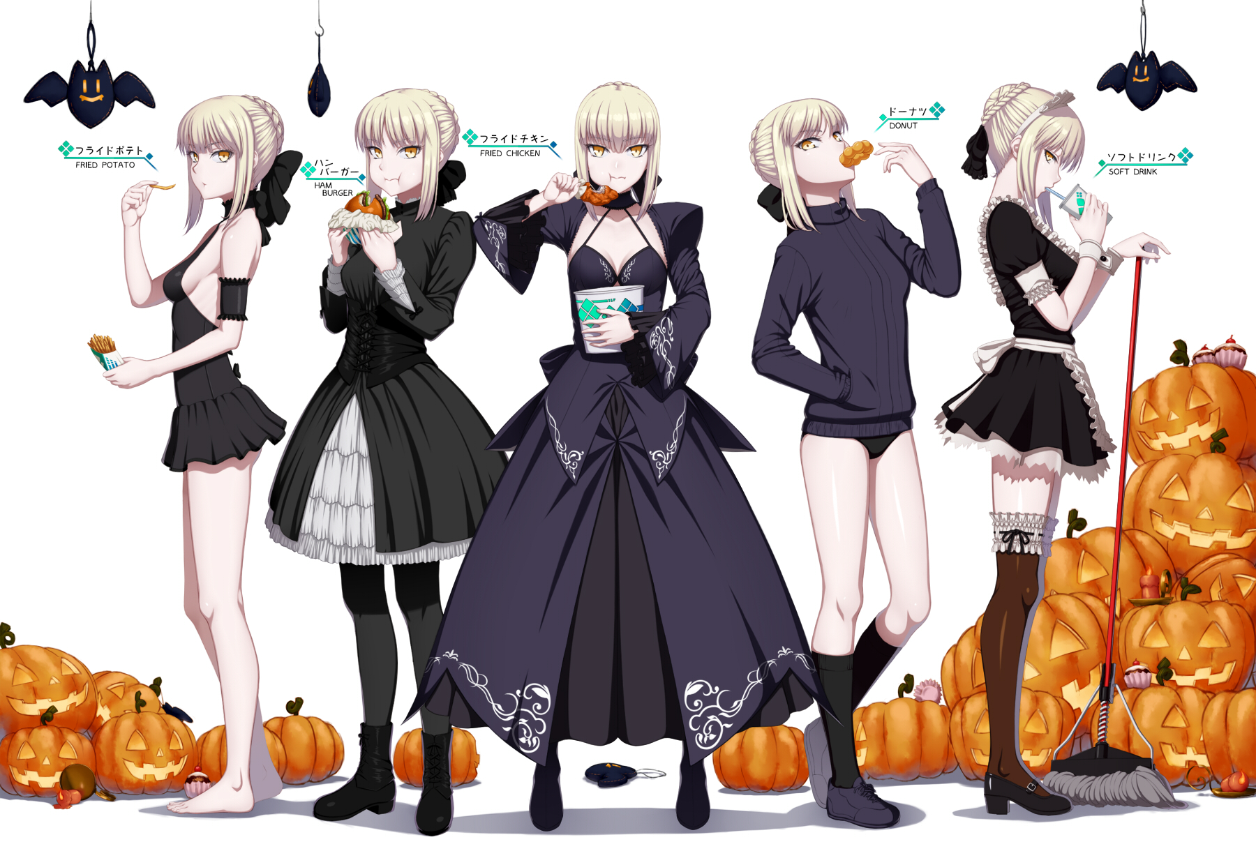 Fate Stay Night Anime Short Hair Bleached Eyes Black Dress Food Blonde Saber Fate Series 1800x1230