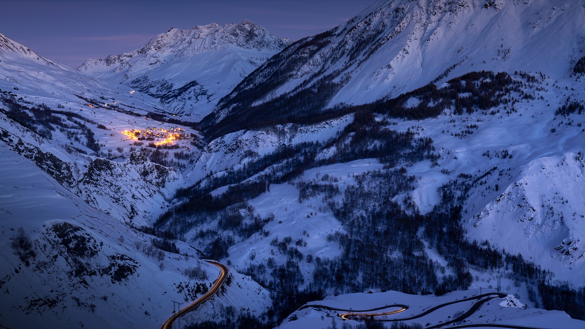 Nature Landscape Clouds Sky Village Snow Mountains Snowy Mountain Lights Road Hairpin Turns Trees Fr 1920x1080