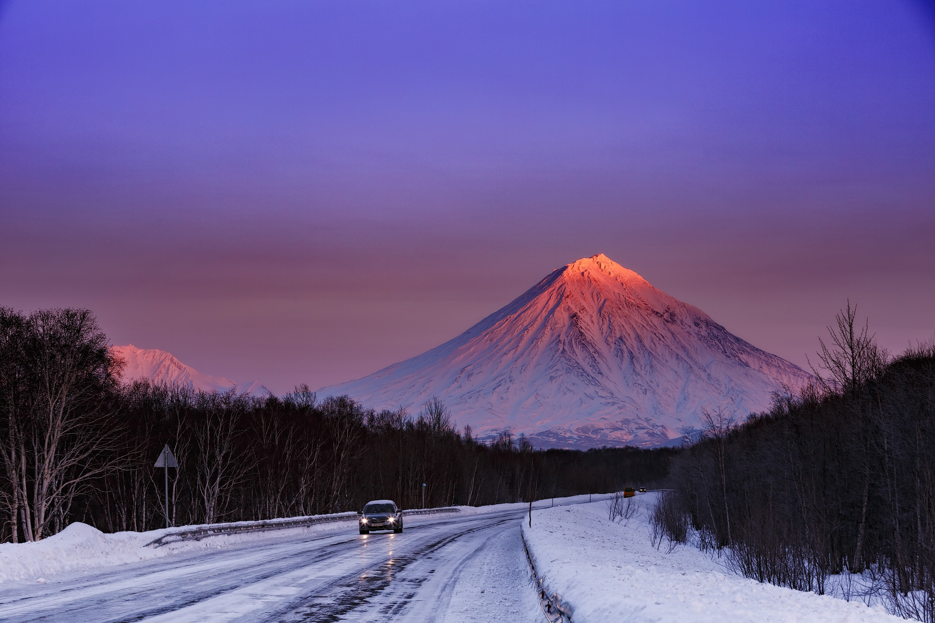 Nature Landscape Winter Snow Trees Road Car Forest Mountains Sunset Clear Sky Kamchatka Alexandr Max 1920x1280