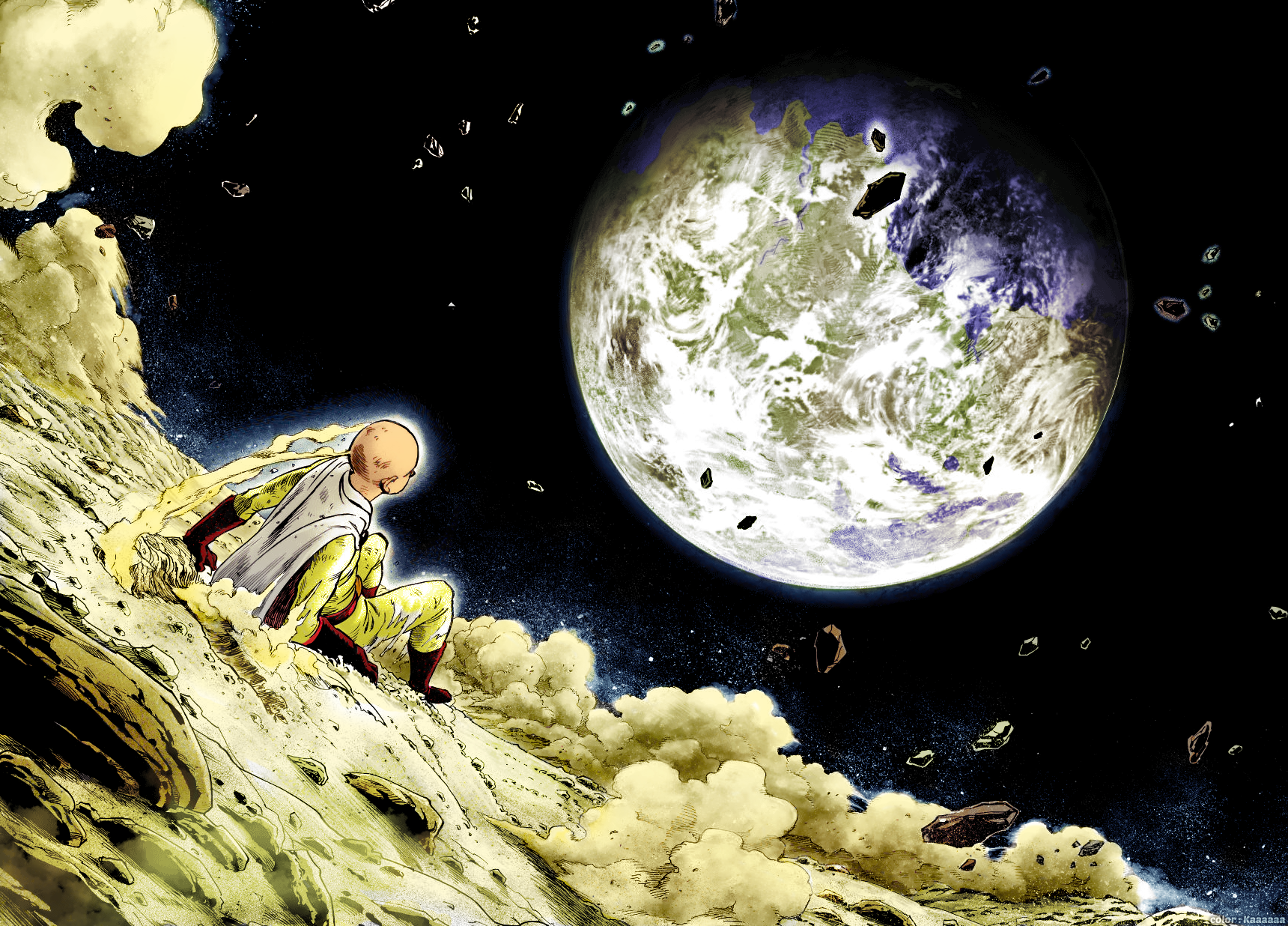 Anime Digital Art Fan Art One Punch Man Saitama Superhero Bald Space Moon Earth Dust Anime Man 1720x1236