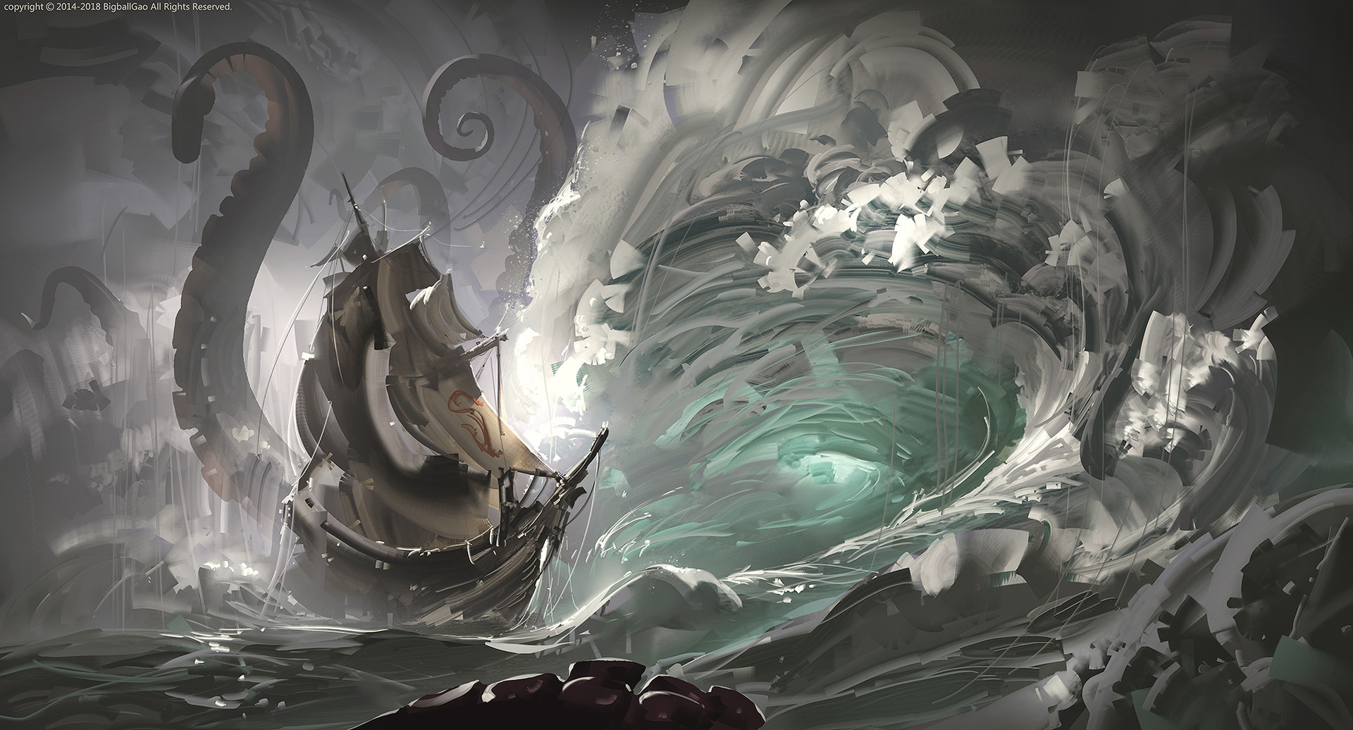 Digital Art Artwork Kraken Sea Ship Waves Storm 1920x1036
