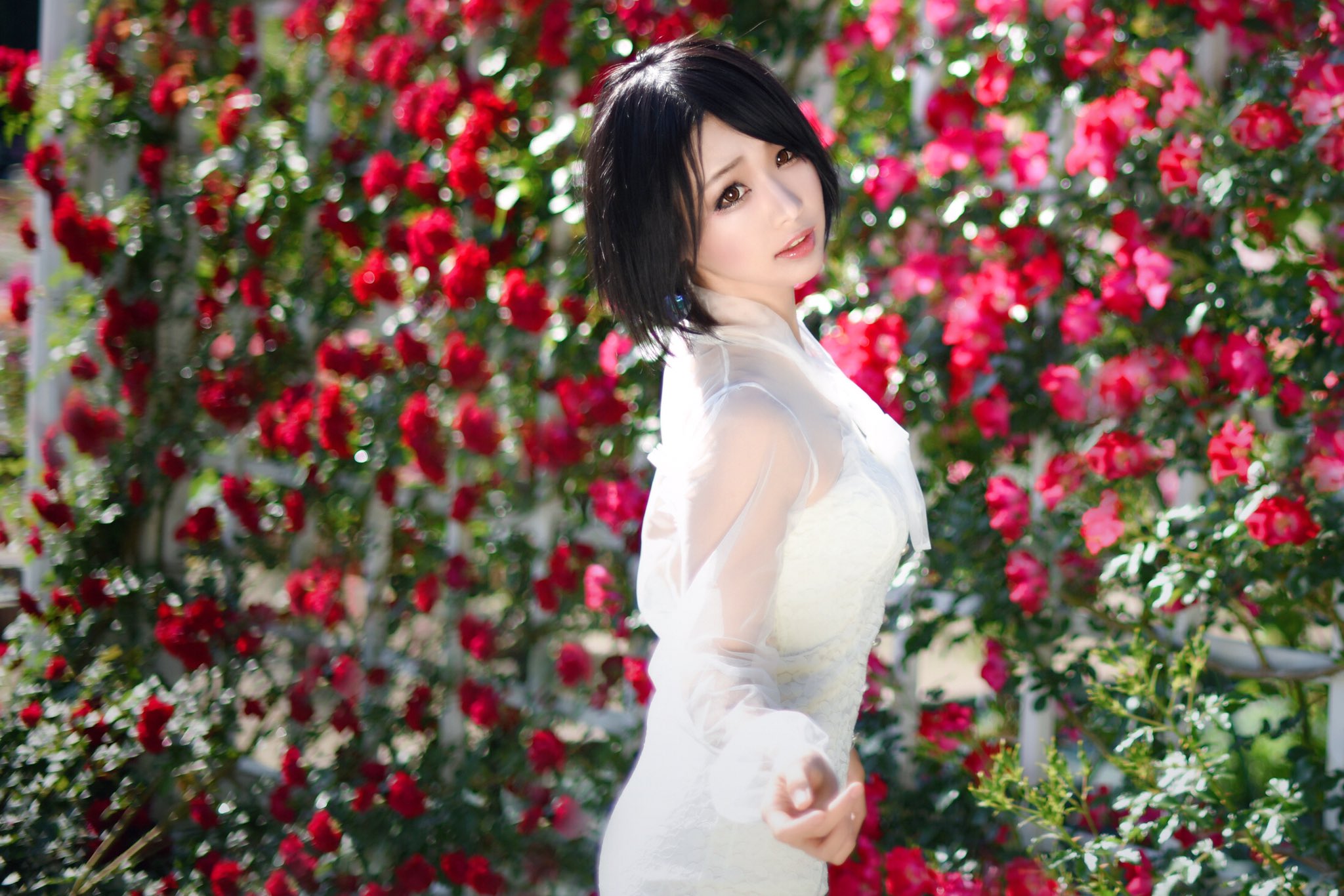 Asian Japanese Women Model Rose Flowers Brunette Shoulder Length Hair White Dress Fake Iris Looking  2048x1366