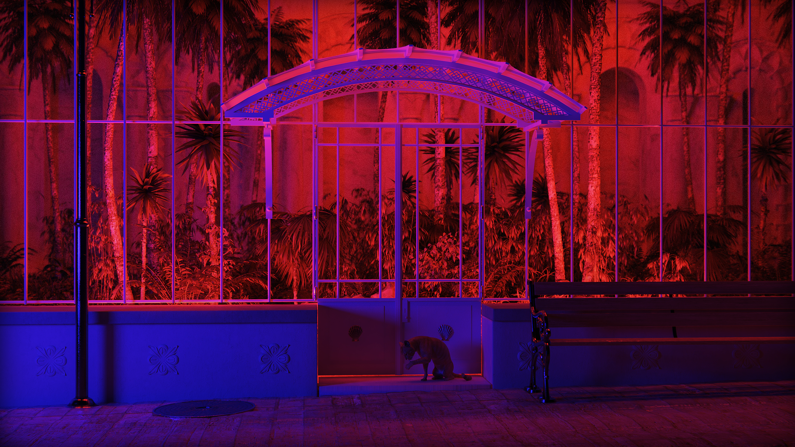 3D Graphics 3d Design CGi Digital Art Architecture Park Bench Neon Neon Lights Plants Palm Trees Yuc 2560x1440