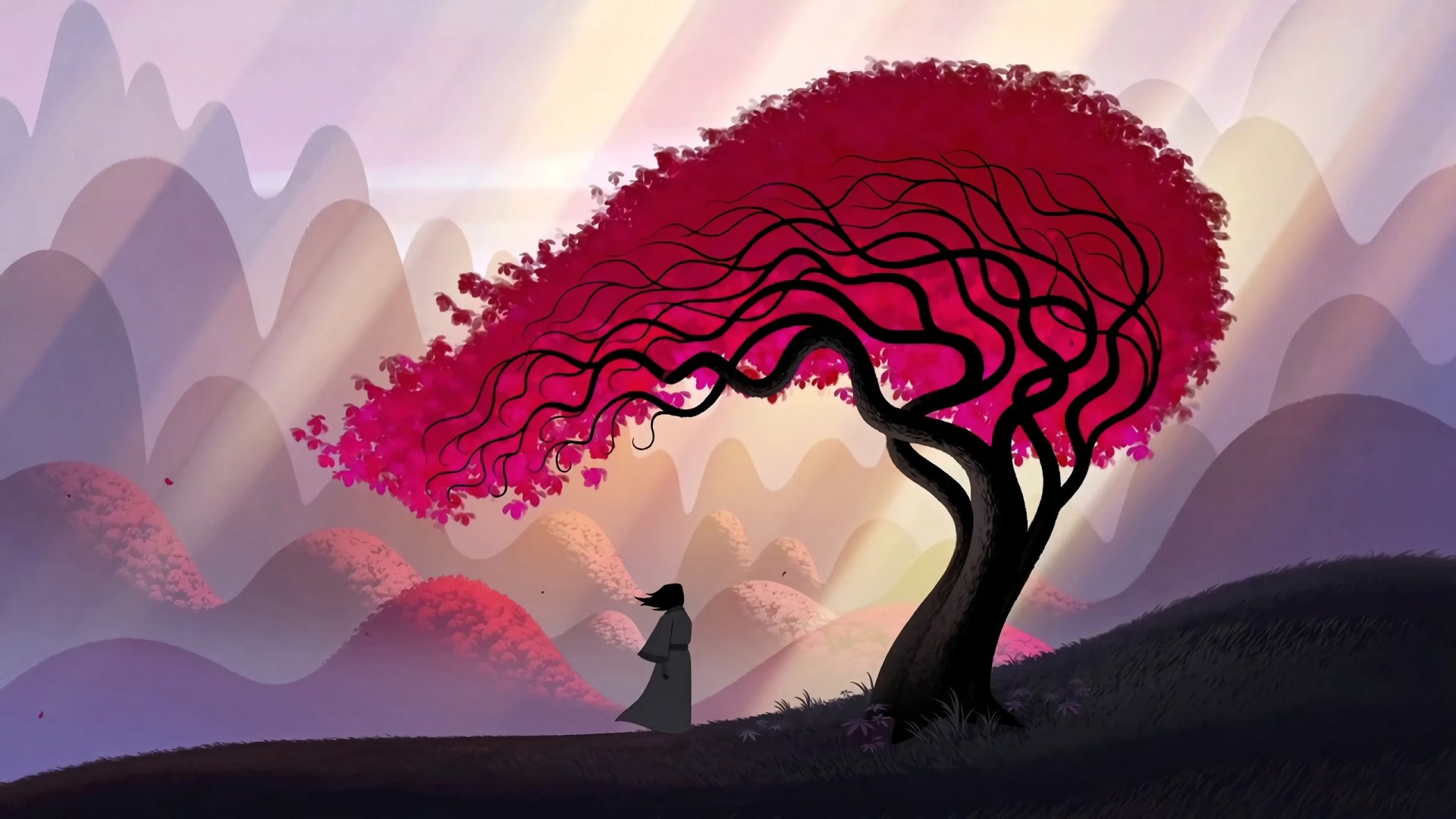 Digital Art Fall Nature Mountain Chain Trees Samurai Sun Rays Natural Light Samurai Jack 1920x1080