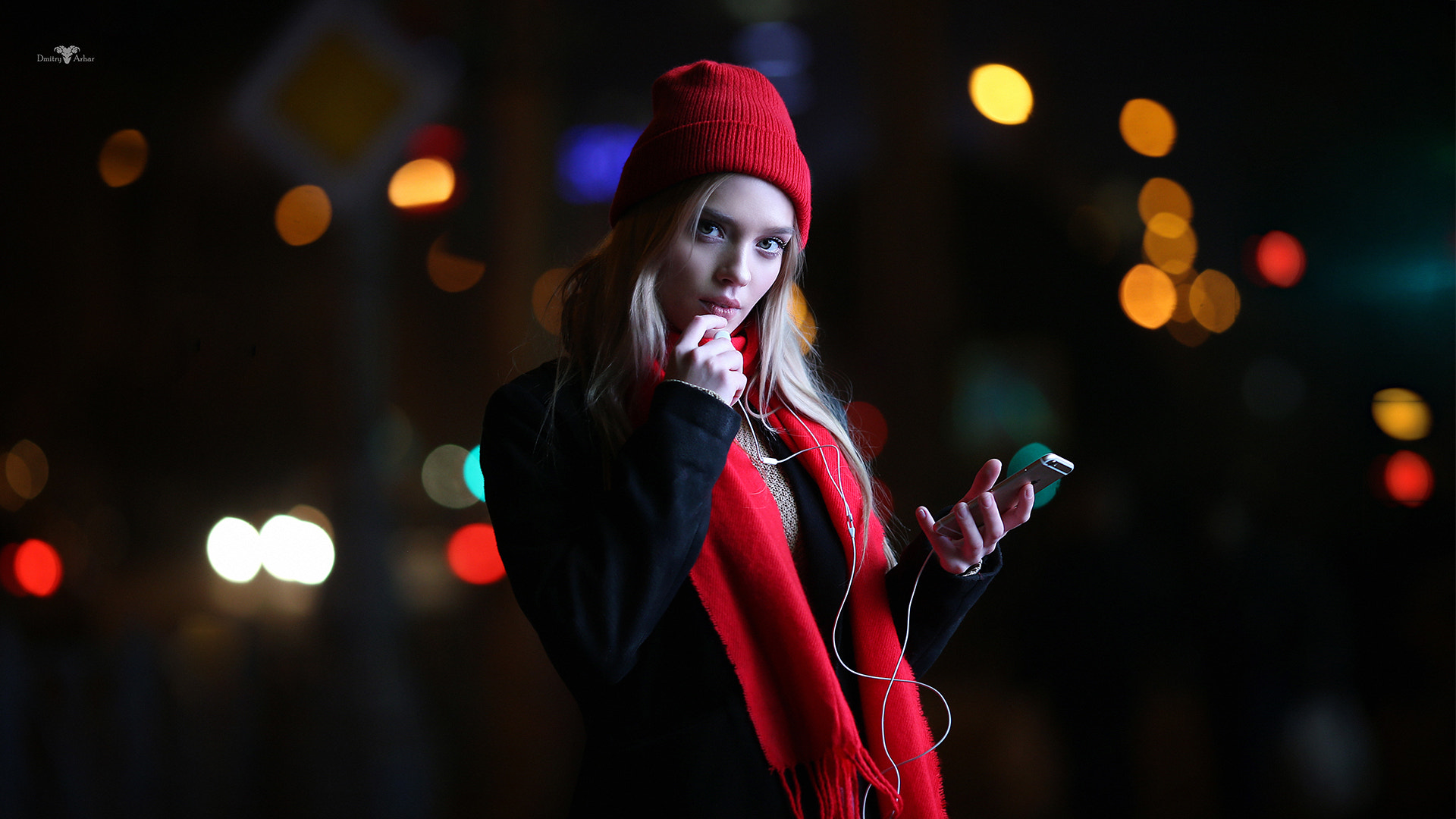 Dmitry Arhar Women Model Looking At Viewer Long Hair Blonde Depth Of Field Scarf IPhone Black Coat G 1920x1080