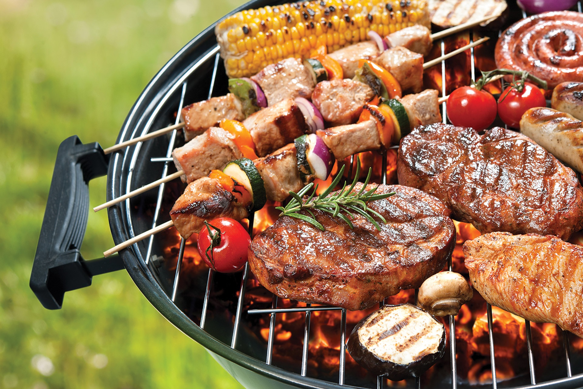Meat Vegetables Barbecue Grill Corn Cooking Steak Cow Flesh Muscles Animals Tomatoes Mushroom Sausag 1920x1280
