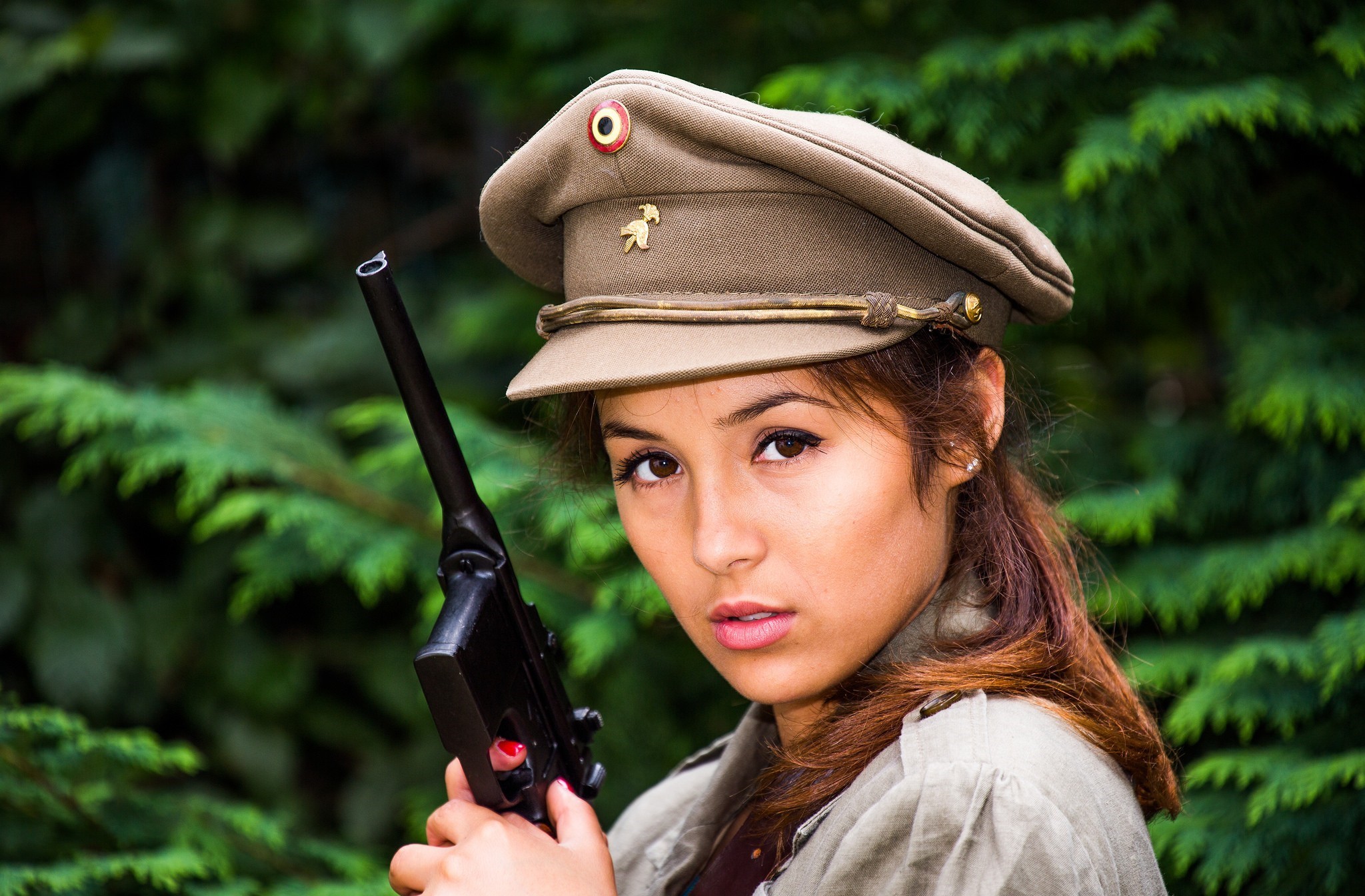 Asian Hat Women Gun Model Mauser C96 Uniform Girls With Guns 2048x1345