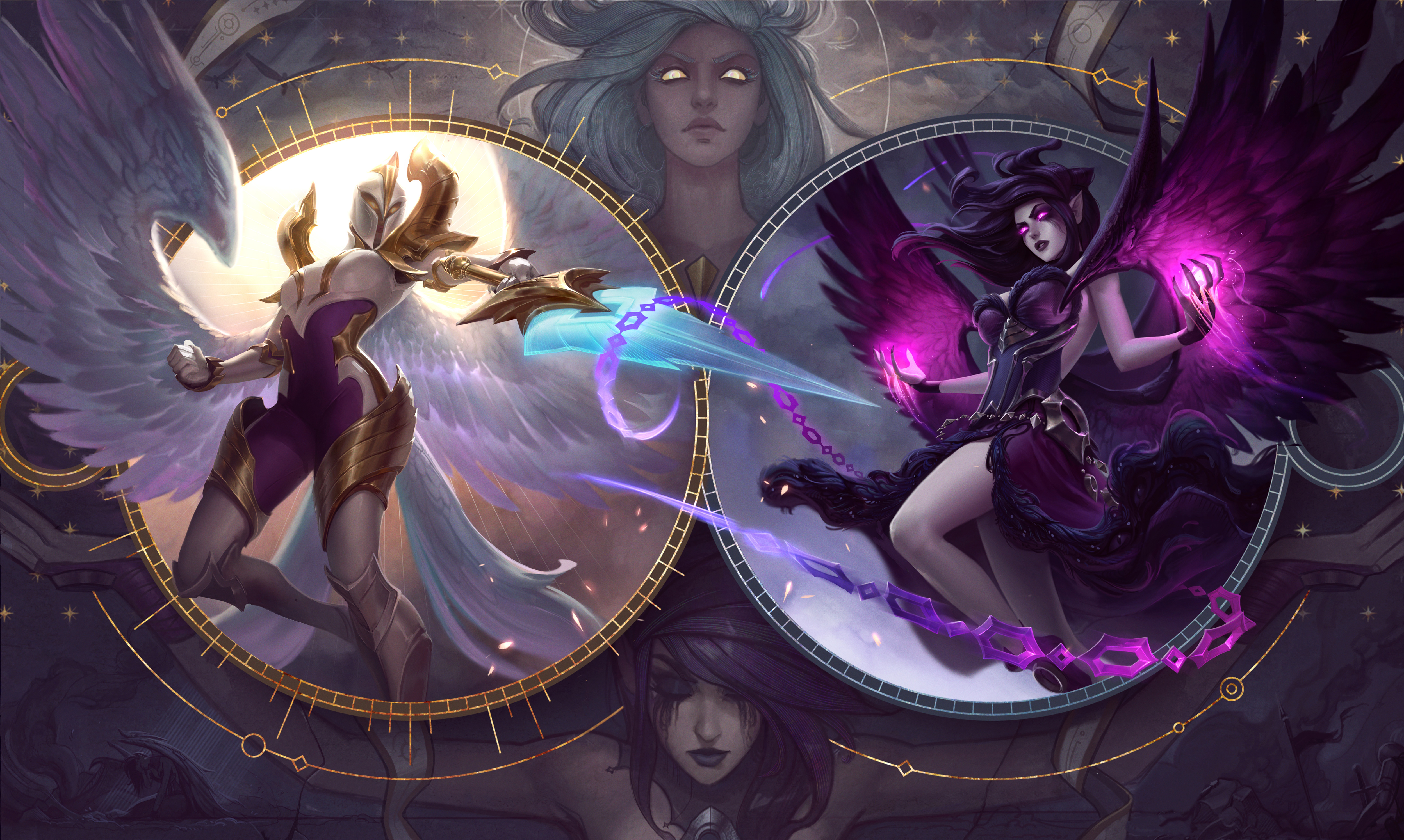 League Of Legends Morgana League Of Legends Kayle League Of Legends Glowing Eyes Wings Chains Mural 5000x2993