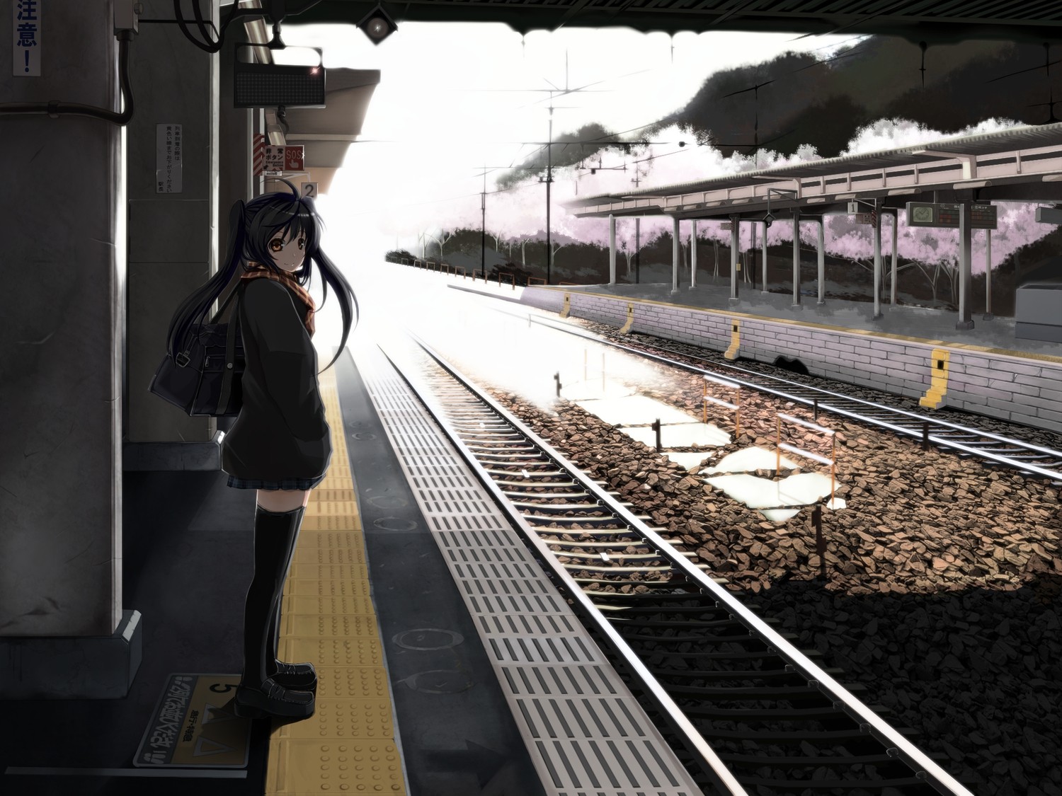 Anime Anime Girls Schoolgirl Waiting Train Station Original Characters 1500x1125