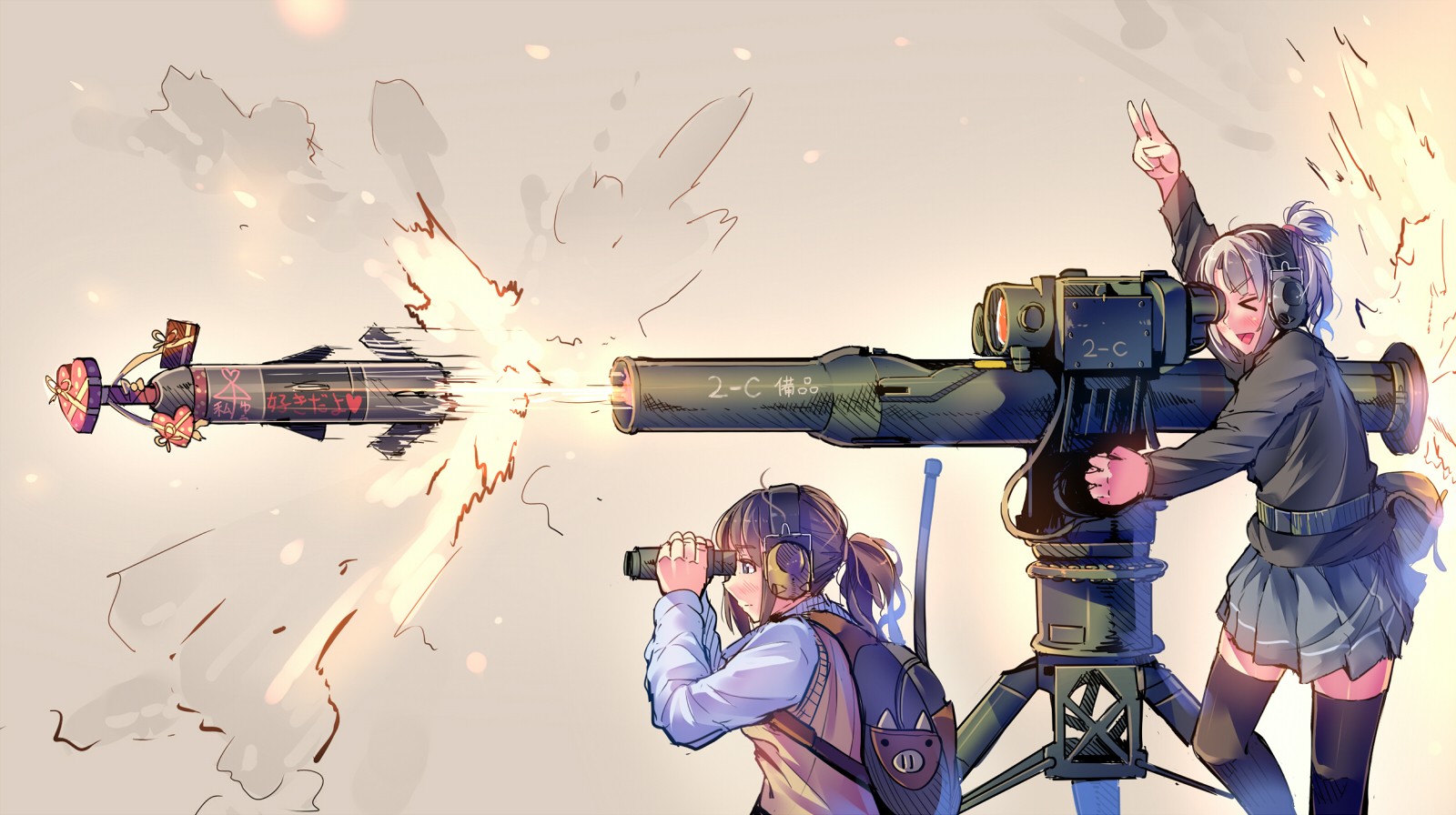 Anime Girls Anime Arms Up Weapon Closed Eyes Rocket Launchers 1600x896