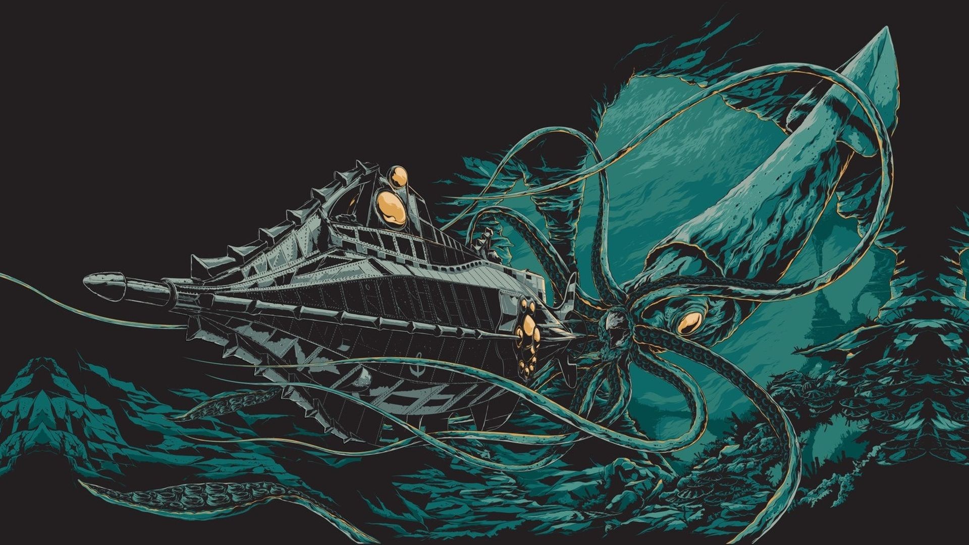 Digital Art Illustration 20000 Leagues Under The Sea Jules Verne Underwater Sea Drawing Octopus Sea  1920x1080