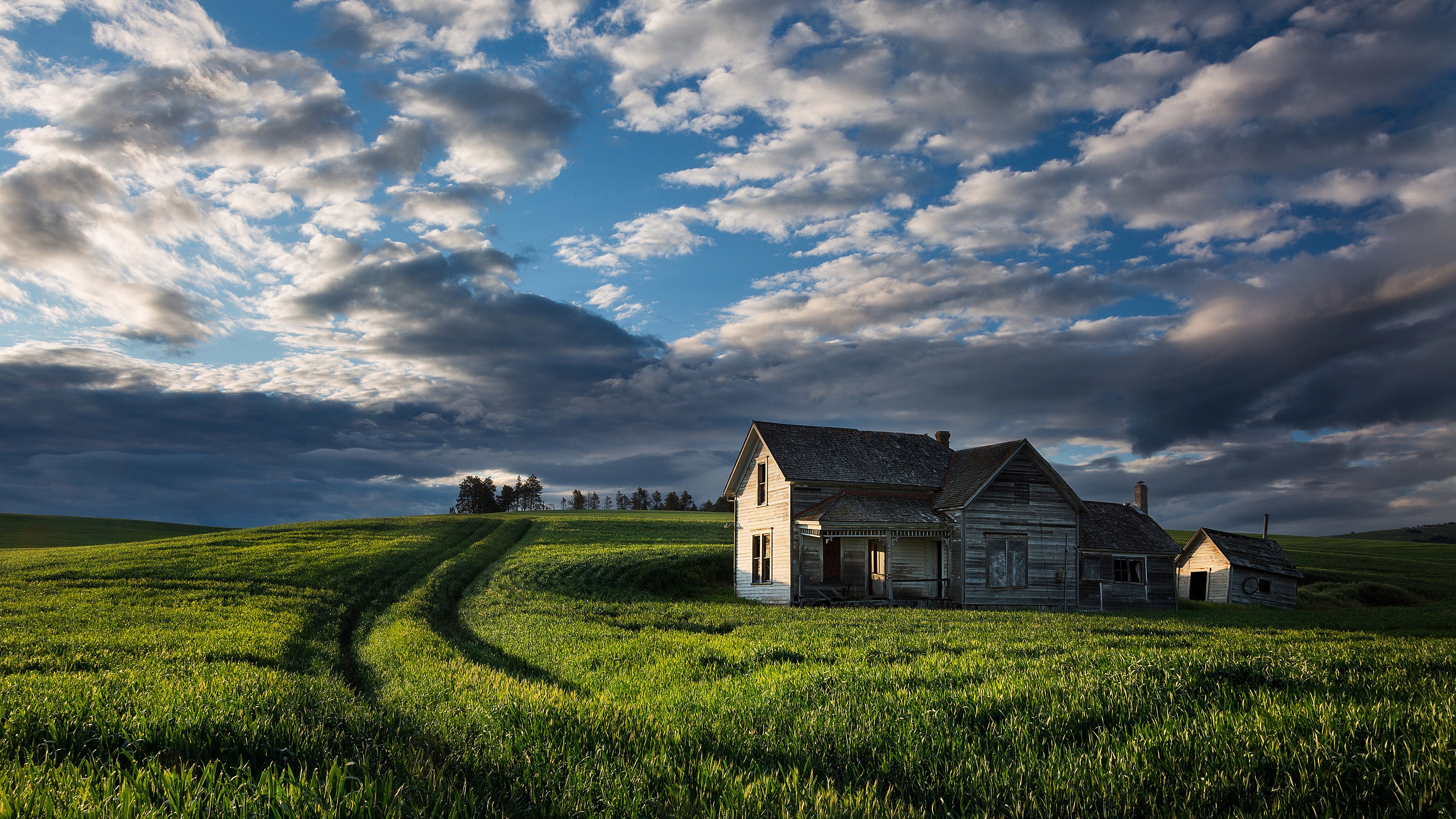 Landscape Farm Wood House Abandoned Field 3840x2160