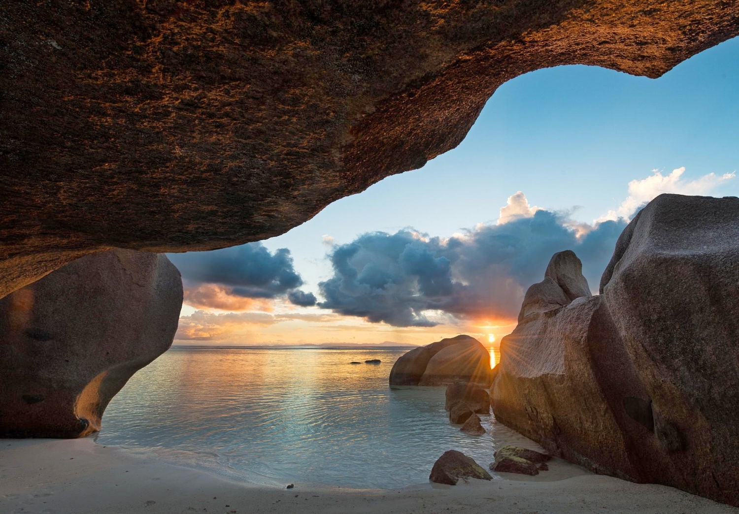 Photography Landscape Nature Cave Beach Sea Rocks Sunset Sand Seychelles Island Horizon 1500x1044