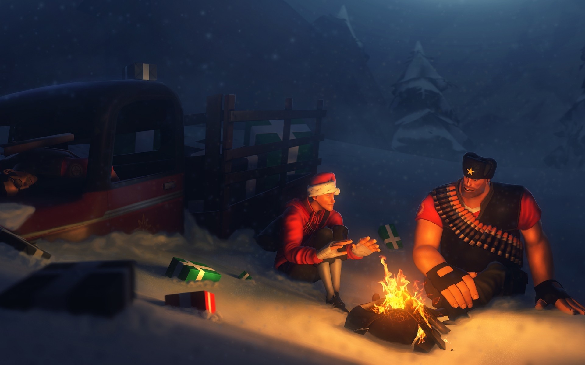 Video Games Digital Art Team Fortress 2 Fire Camping Presents Happy New Year Truck Scout Character S 1920x1200