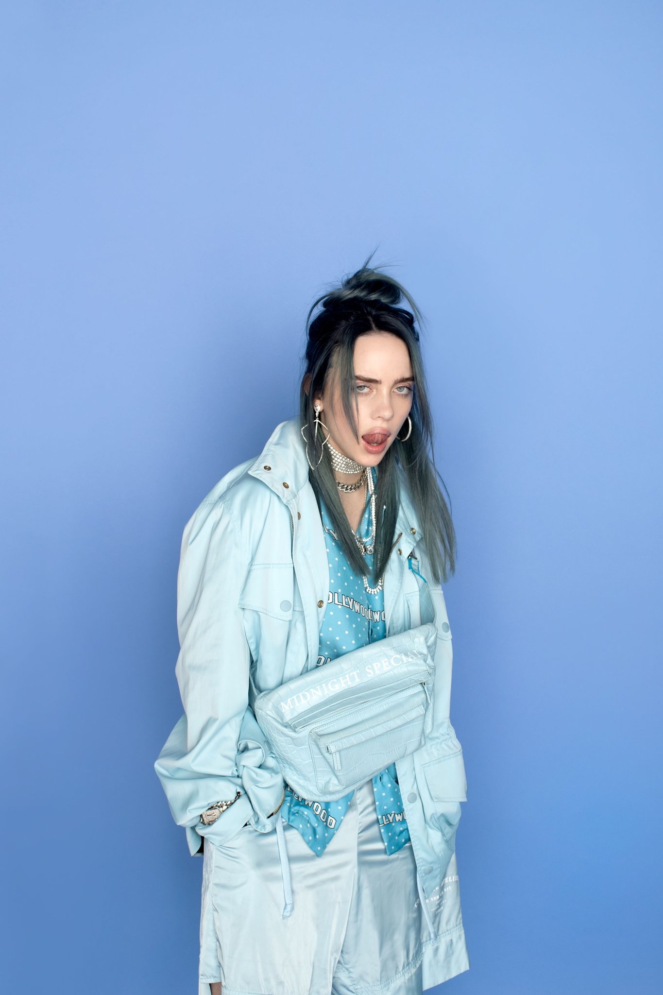 Billie Eilish Music Simple Background Dark Hair Tongue Out Women Blue 1365x2048