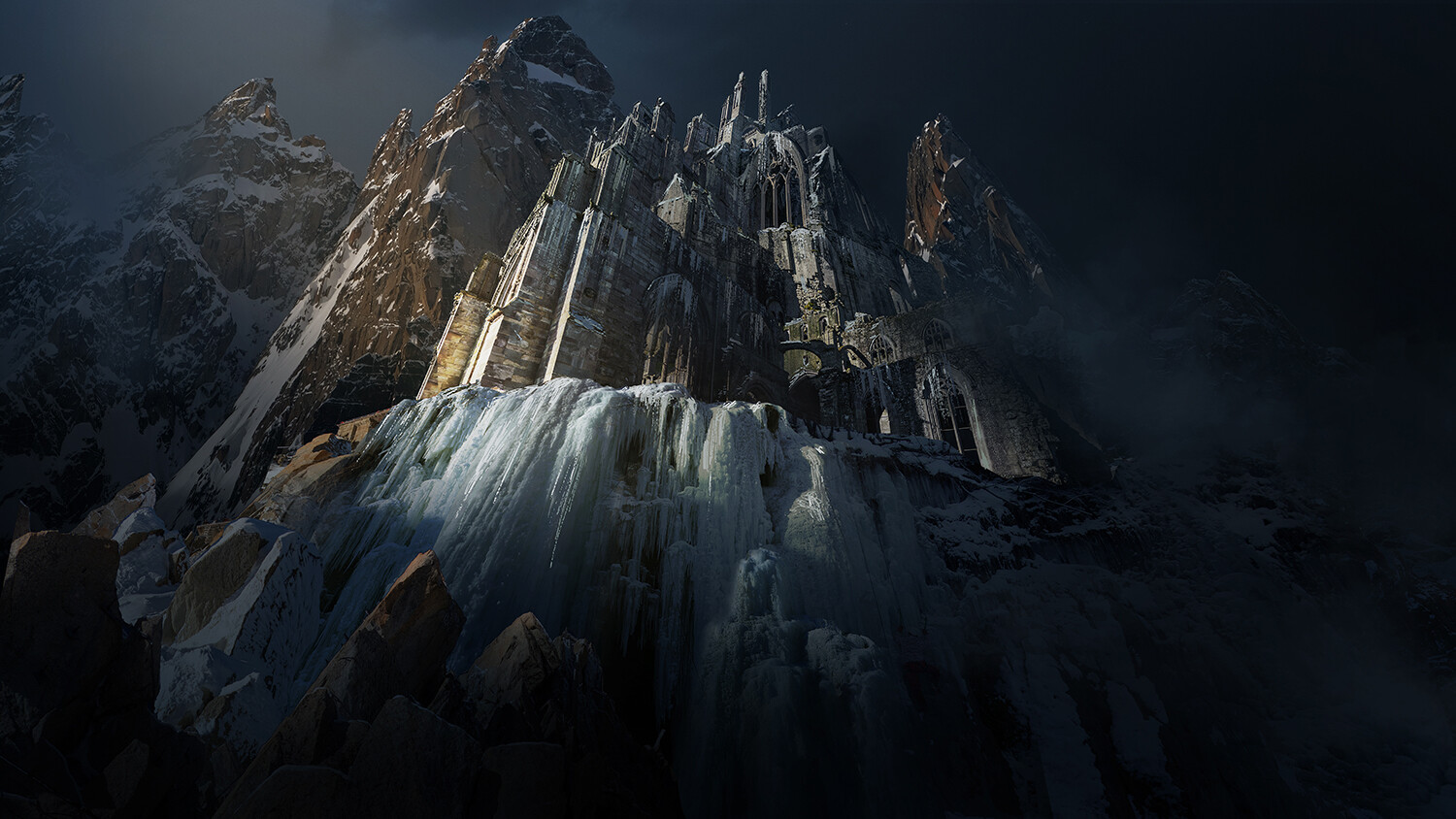 Andrey Bakulin Myst Castle Landscape Fantasy Art Digital Artwork Mountains 1500x844