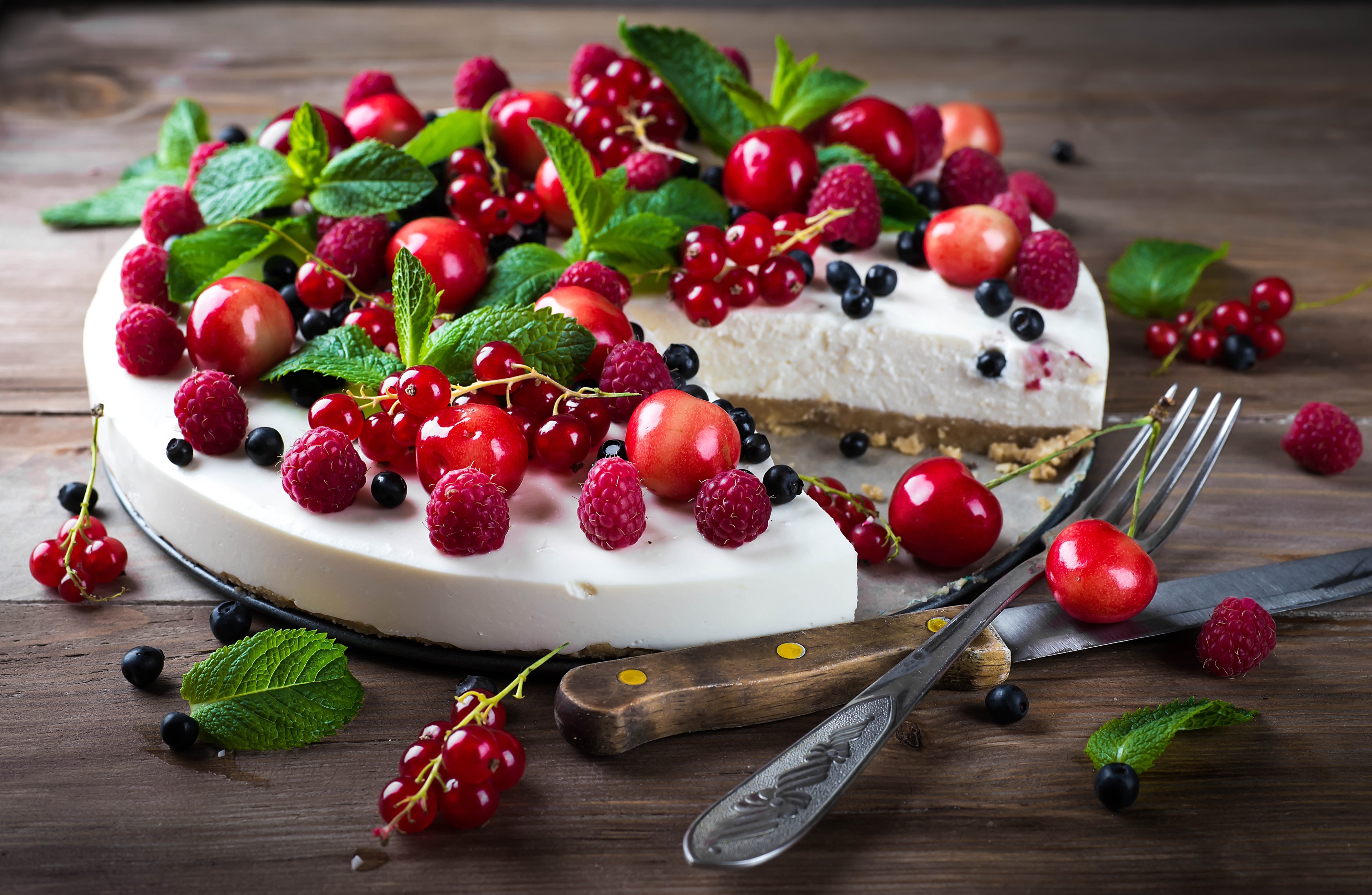 Food Sweets Cake Berries Fruit Cheesecake Cherries Raspberries Red Currant Mint Leaves Fork Knife Wo 4000x2609
