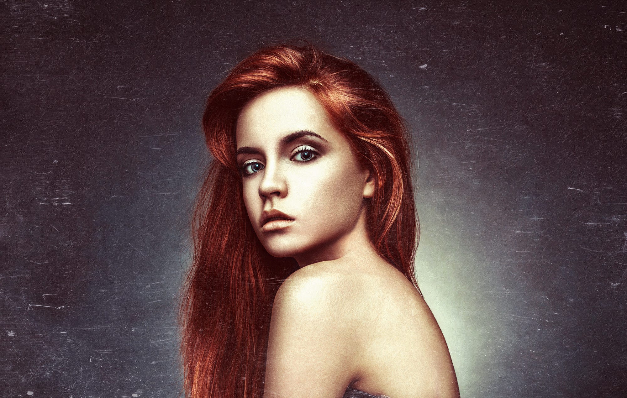 Ilya Novitsky Women Redhead Long Hair Looking At Viewer Portrait Bare Shoulders Simple Background 2000x1270