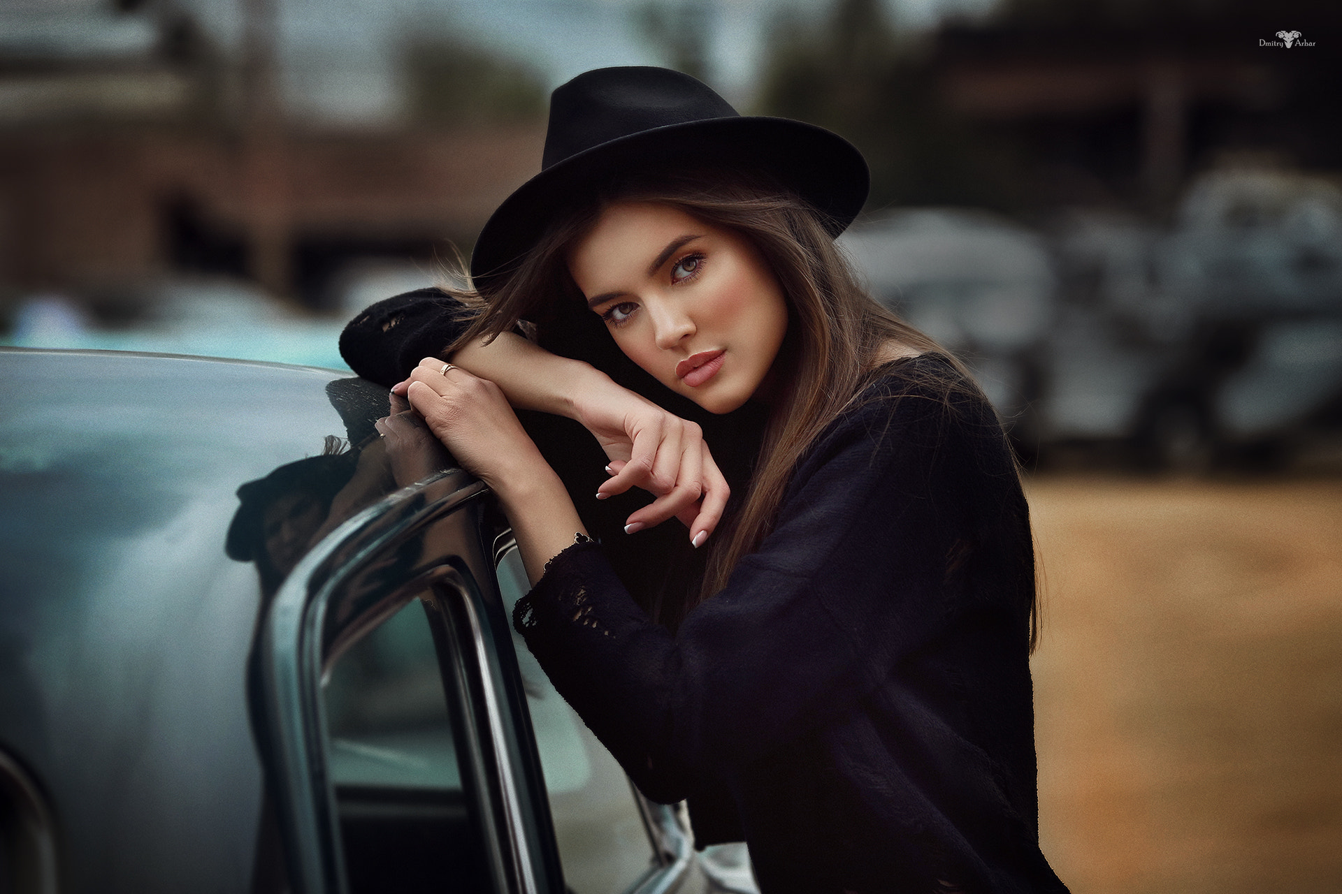 Women Dmitry Arhar Portrait Hat Women With Cars Women With Hats Black Hat Millinery Black Sweater An 1920x1280