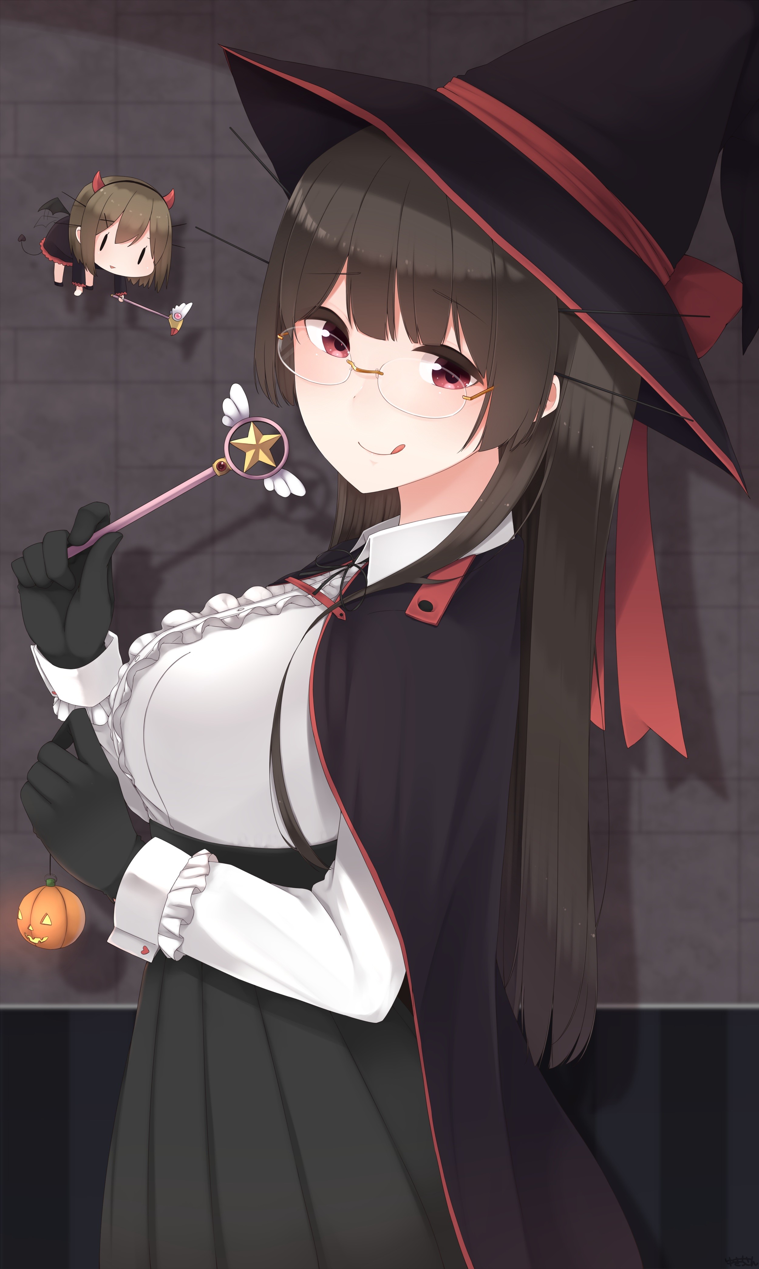 Anime Anime Girls Kantai Collection Choukai KanColle Witch Witch Hat Long Hair Brunette Glasses Red  2500x4181