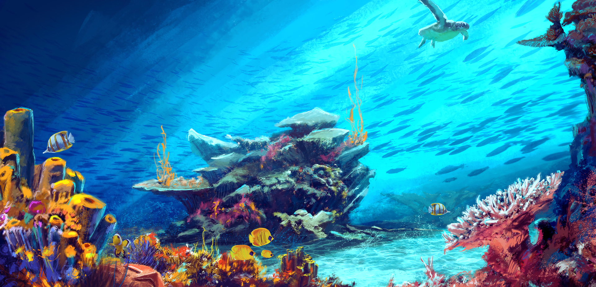 Coral Turtle Fish Sea Underwater Artwork Digital Art Illustration Luciano Neves 1920x925