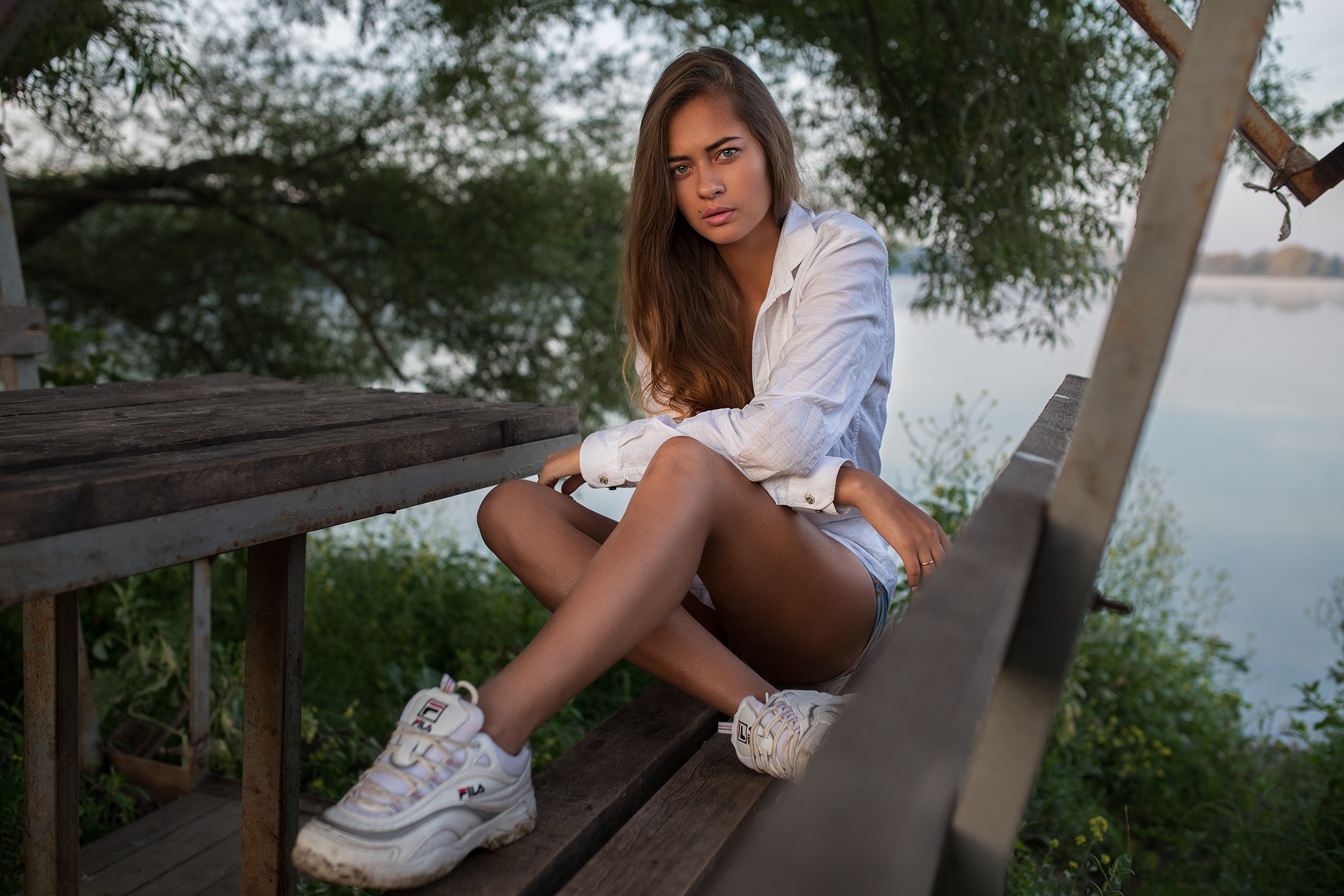 Dmitry Shulgin Sitting Legs Women Outdoors Women Model Olya Shorts White Shirt Brunette Long Hair Le 2048x1365