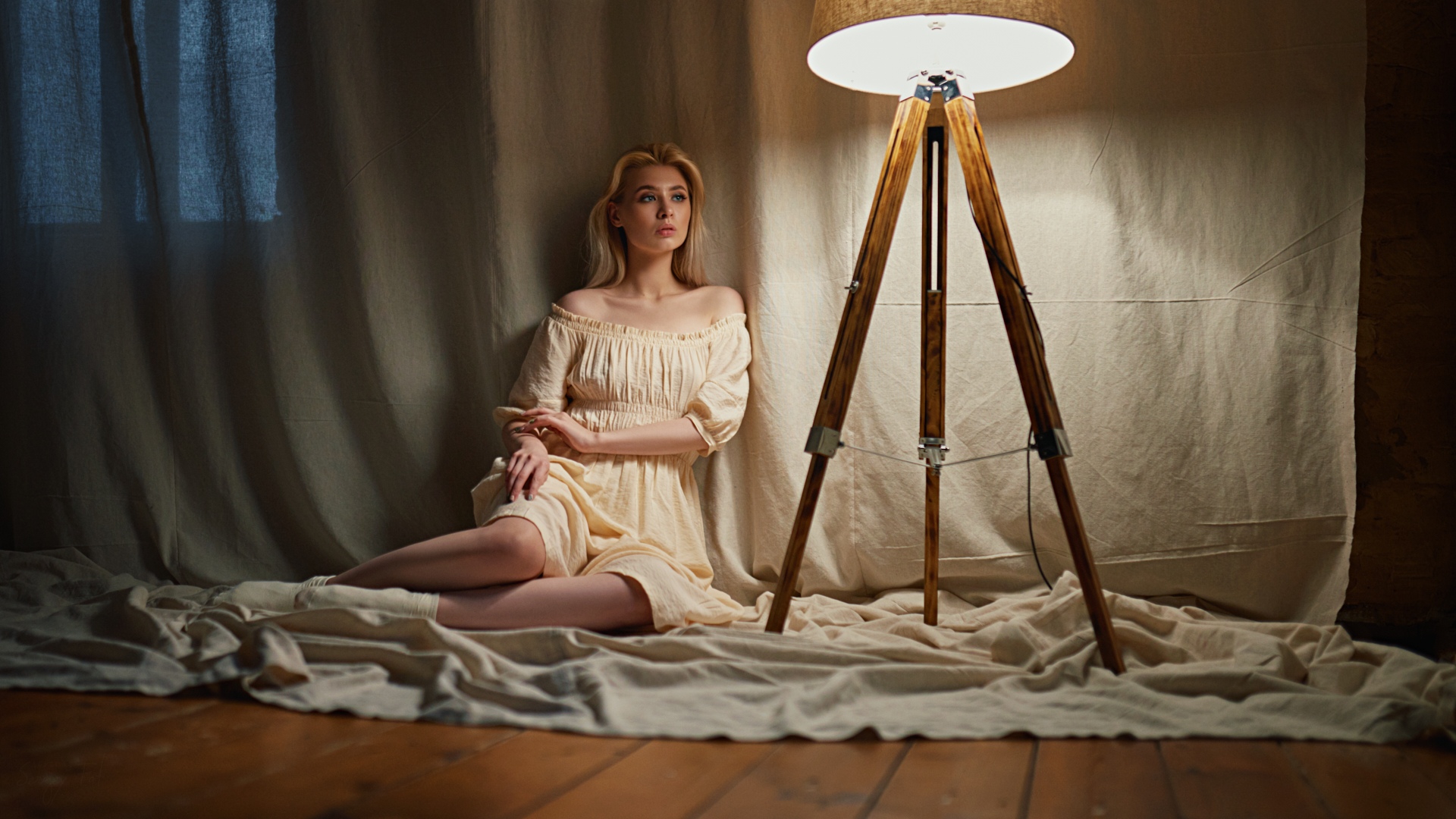 Irina Klimenko Women Blonde Model Bare Shoulders Dress Sitting On The Floor Socks Cloth Lamp Indoors 1920x1080