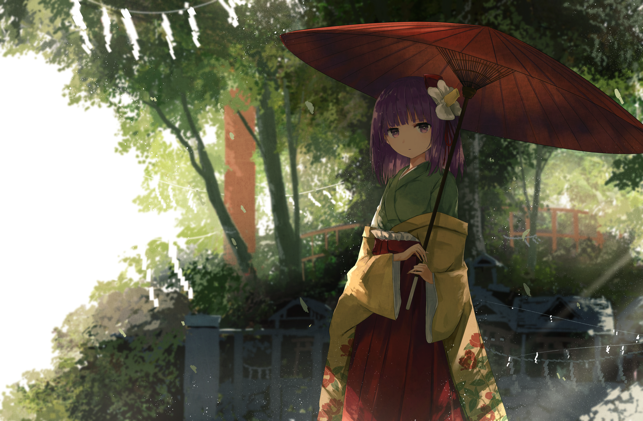 Anime Anime Girls Flower In Hair Purple Eyes Purple Hair Touhou Hieda No Akyuu Short Hair Umbrella 2550x1671