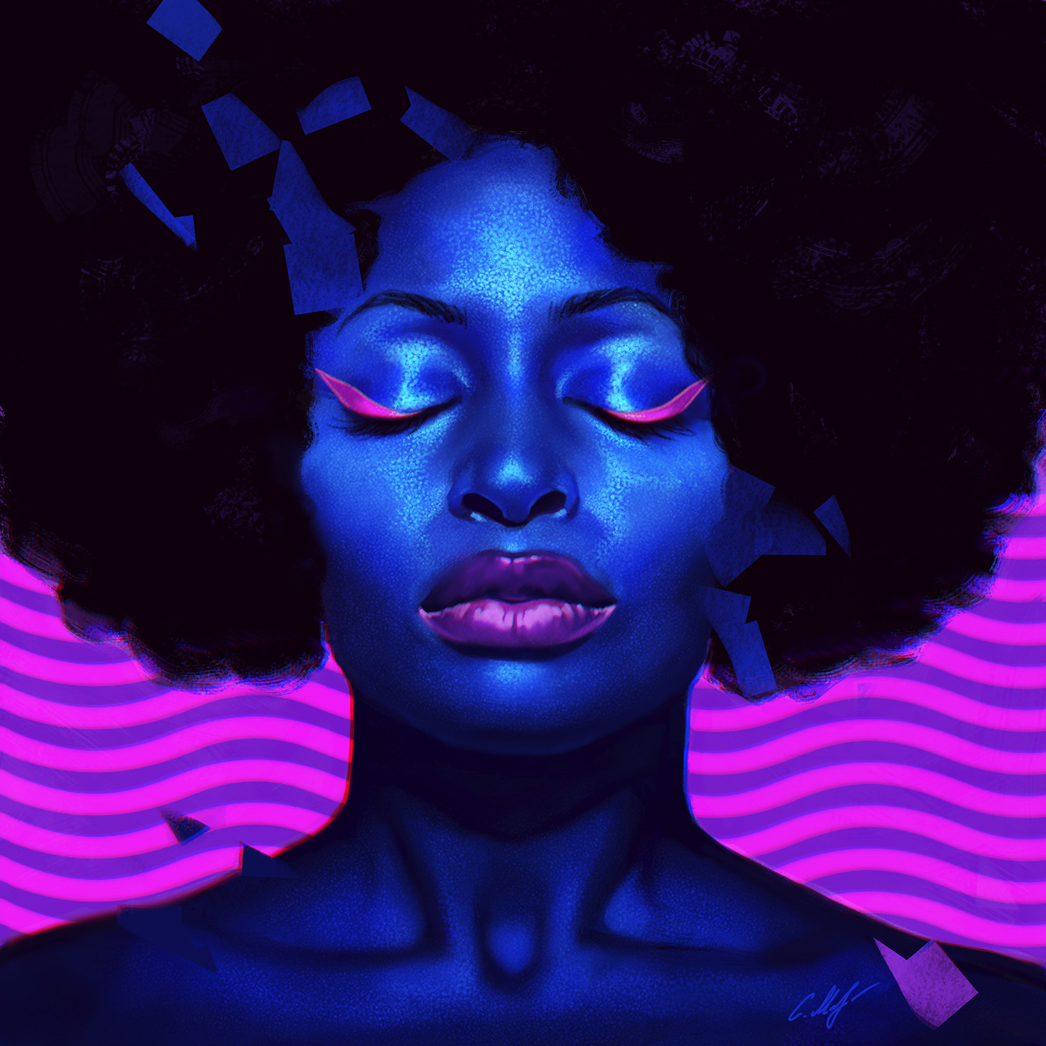 Mariia Solianyk Women Curly Hair Blue Skin Makeup Digital Art Closed Eyes Afro Frontal View Portrait 1500x1500