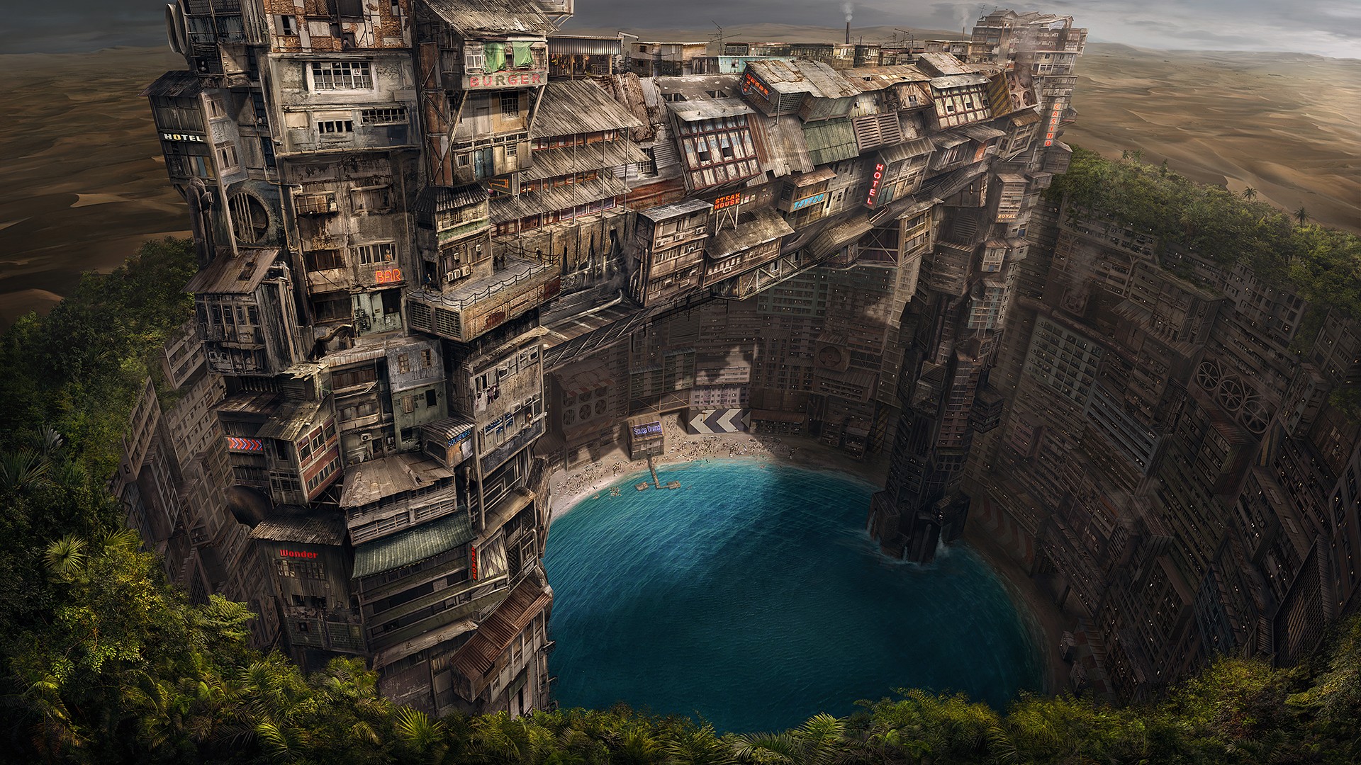 Building Fantasy Art Pond City Underground Utopia Artwork Cityscape 1920x1080