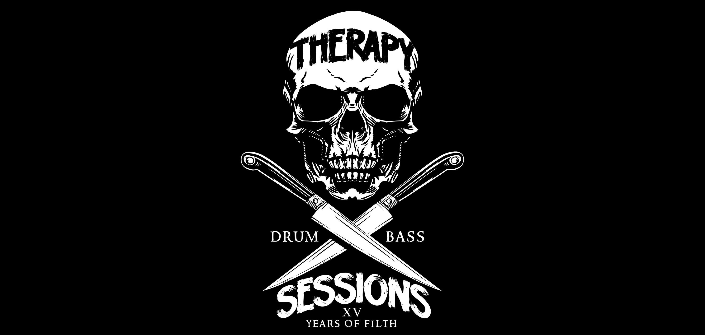Therapy Session Drum And Bass Logo Logotype Neurofunk Rave Electronic Music Skull Monochrome Knife 2968x1412