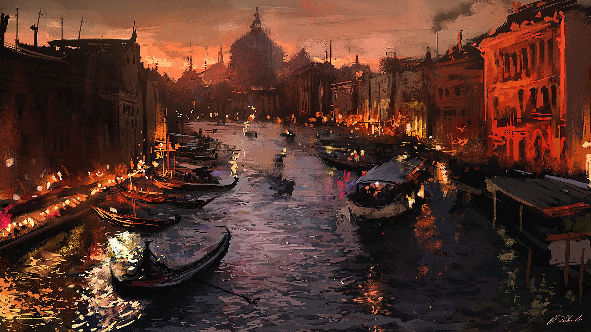 River Venice Gondolas Italy Artwork Painting 1920x1080