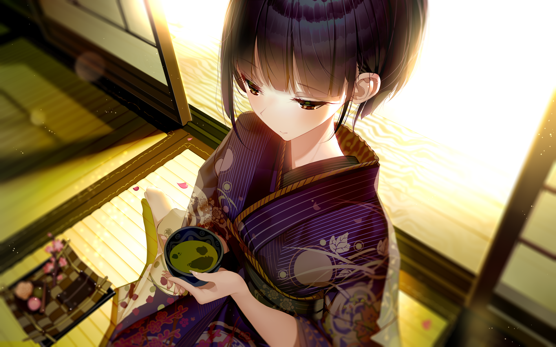Anime Girls Original Characters Women Black Hair Portrait Kimono Food On The Floor Indoors Bokeh Len 1920x1200